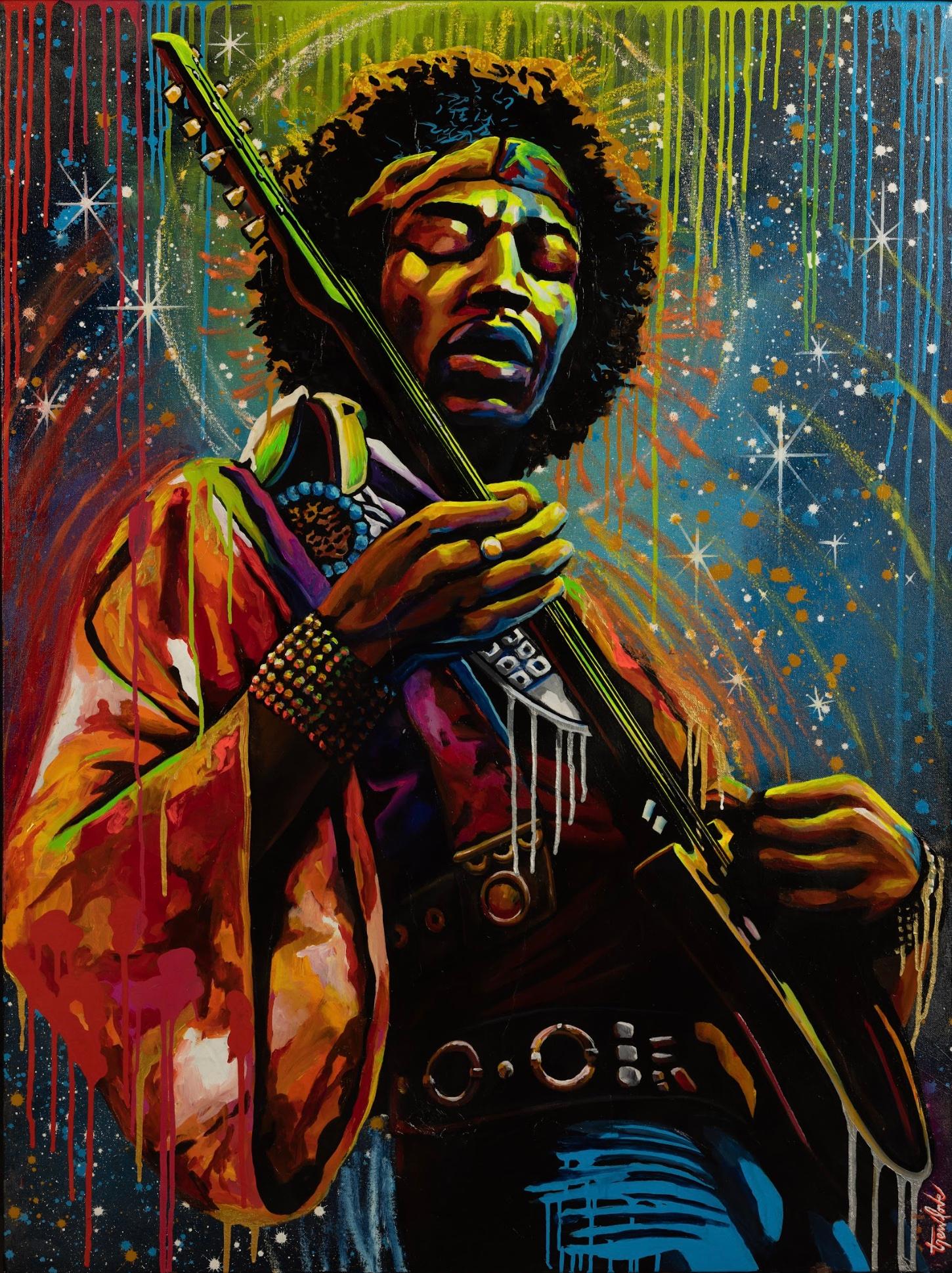 Trew Love Portrait Painting – Cosmic Groove – lebendiges und farbenfrohes, kühles Pop-Art-Gemälde von Jimi Hendrix