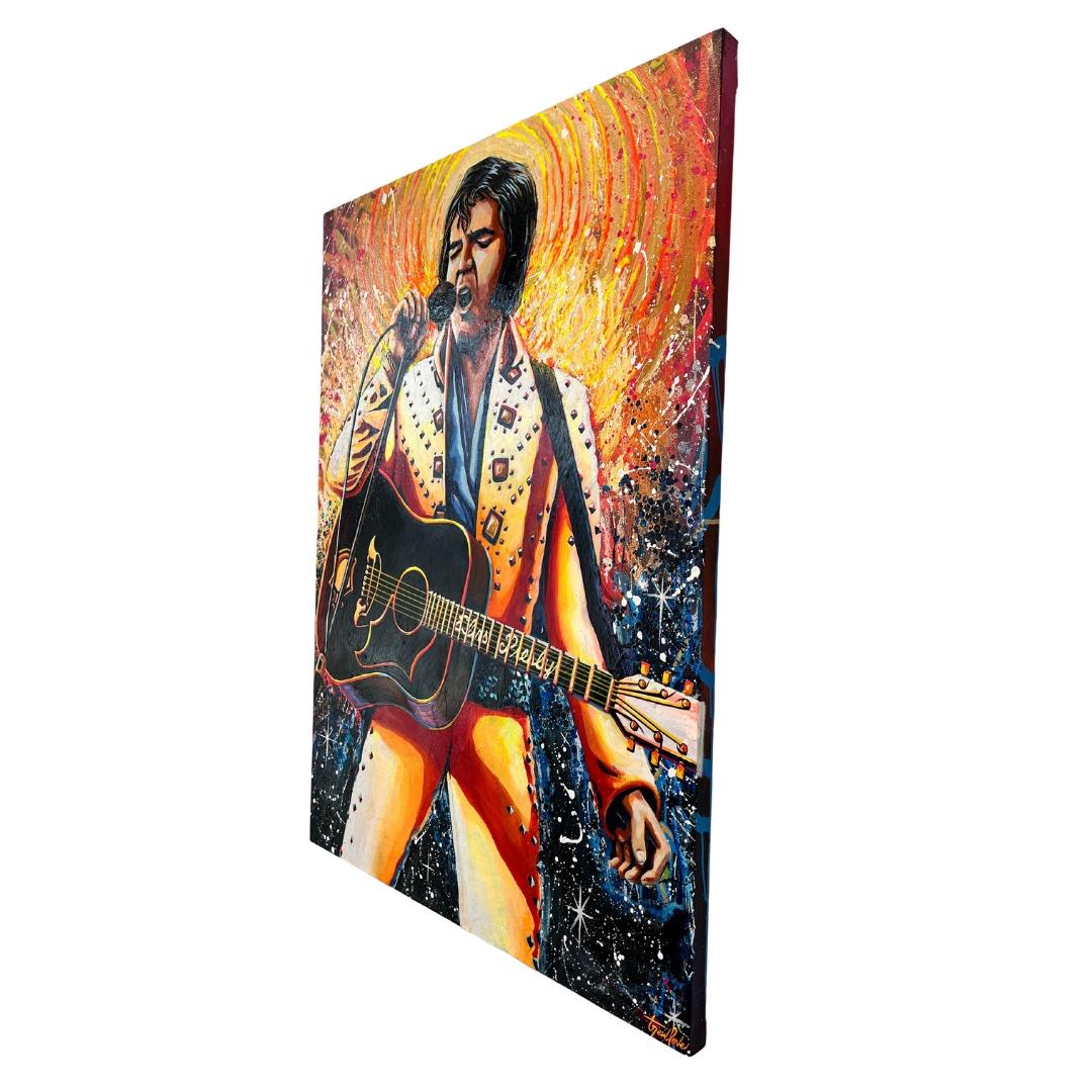 White Hot – lebendiges und farbenfrohes, warmes Pop-Art-Gemälde von Elvis Presley – Painting von Trew Love