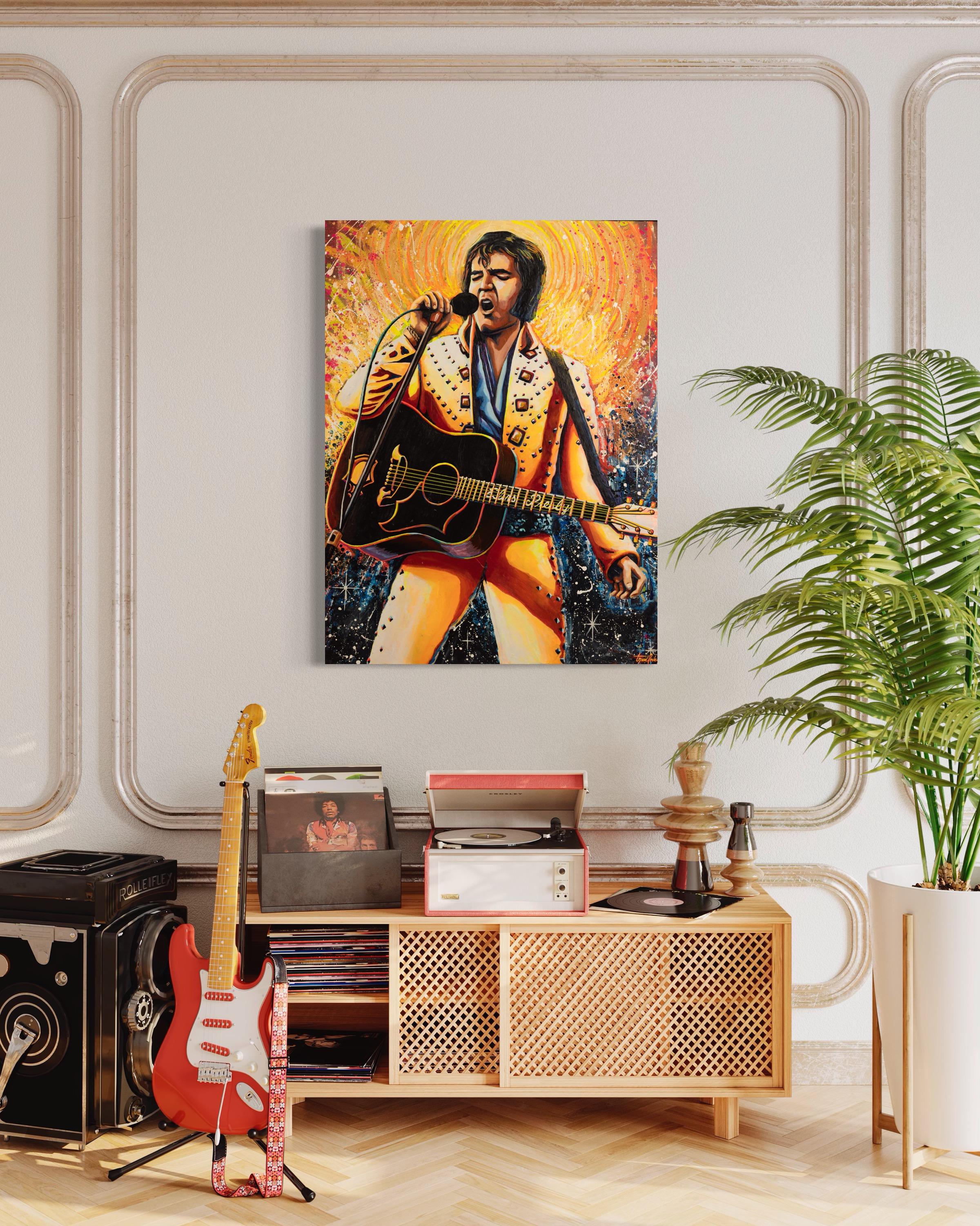White Hot – lebendiges und farbenfrohes, warmes Pop-Art-Gemälde von Elvis Presley (Zeitgenössisch), Painting, von Trew Love