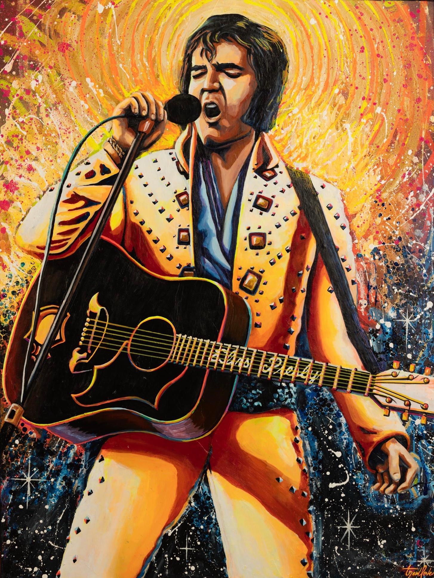 Trew Love Portrait Painting – White Hot – lebendiges und farbenfrohes, warmes Pop-Art-Gemälde von Elvis Presley