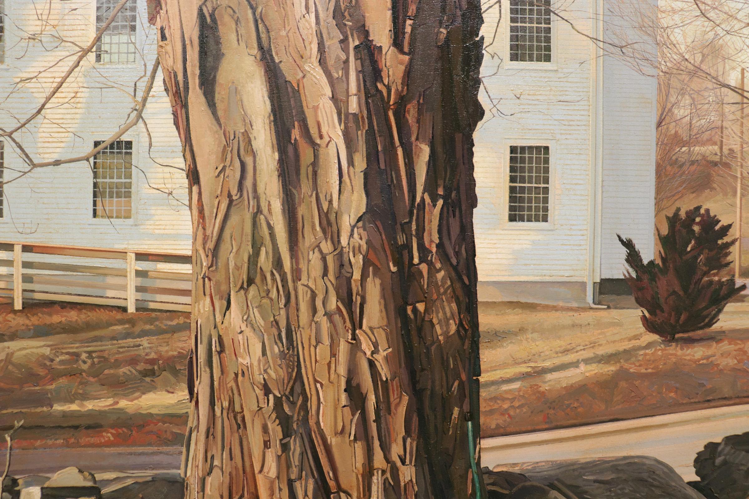 SERVICE, tree, white house in background, hyper-realism, country house, woods - Painting by Trey Friedman