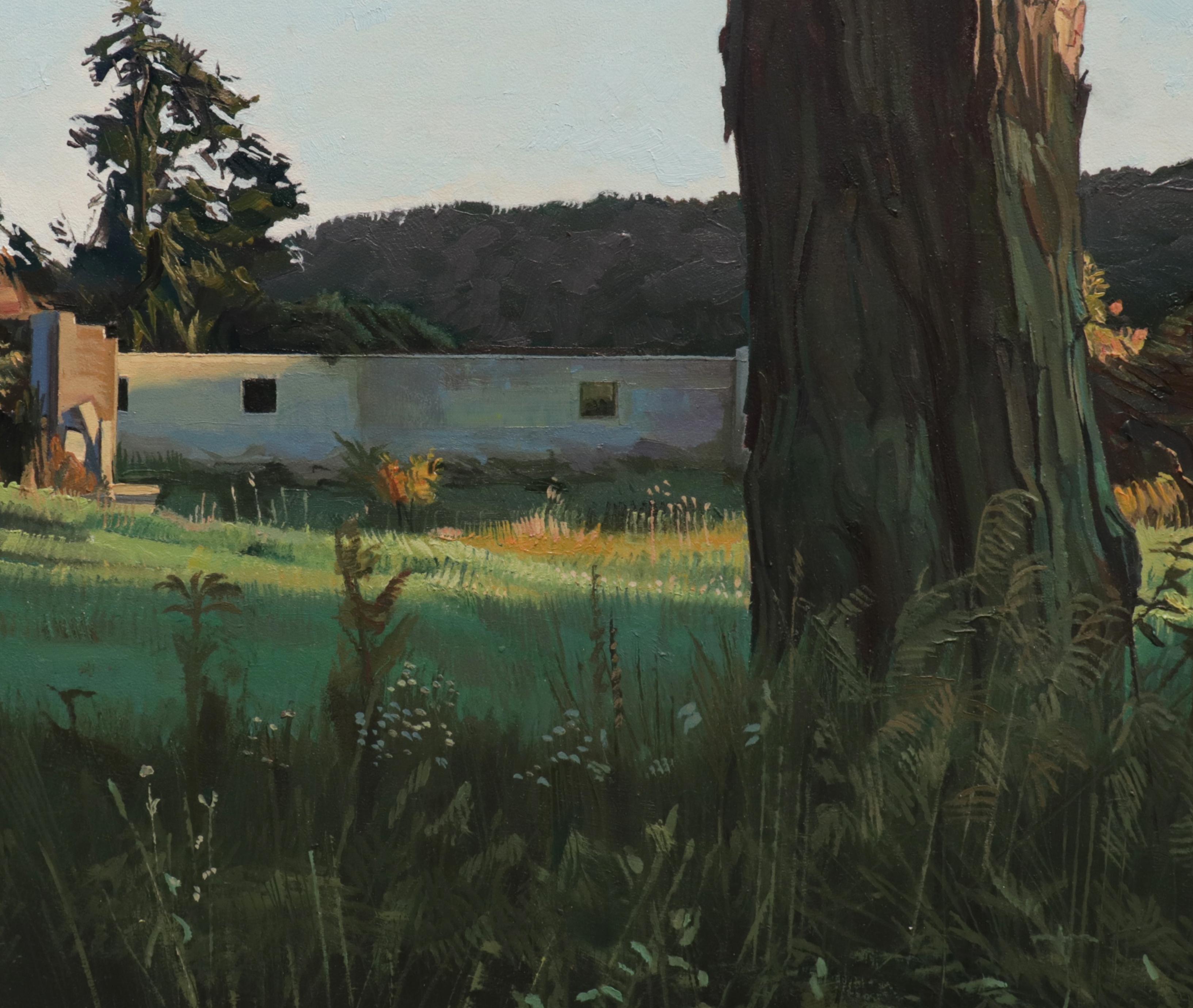 TREES ON A LINE #100, photo-realism, tree in the country, shadows, green - Naturalistic Painting by Trey Friedman