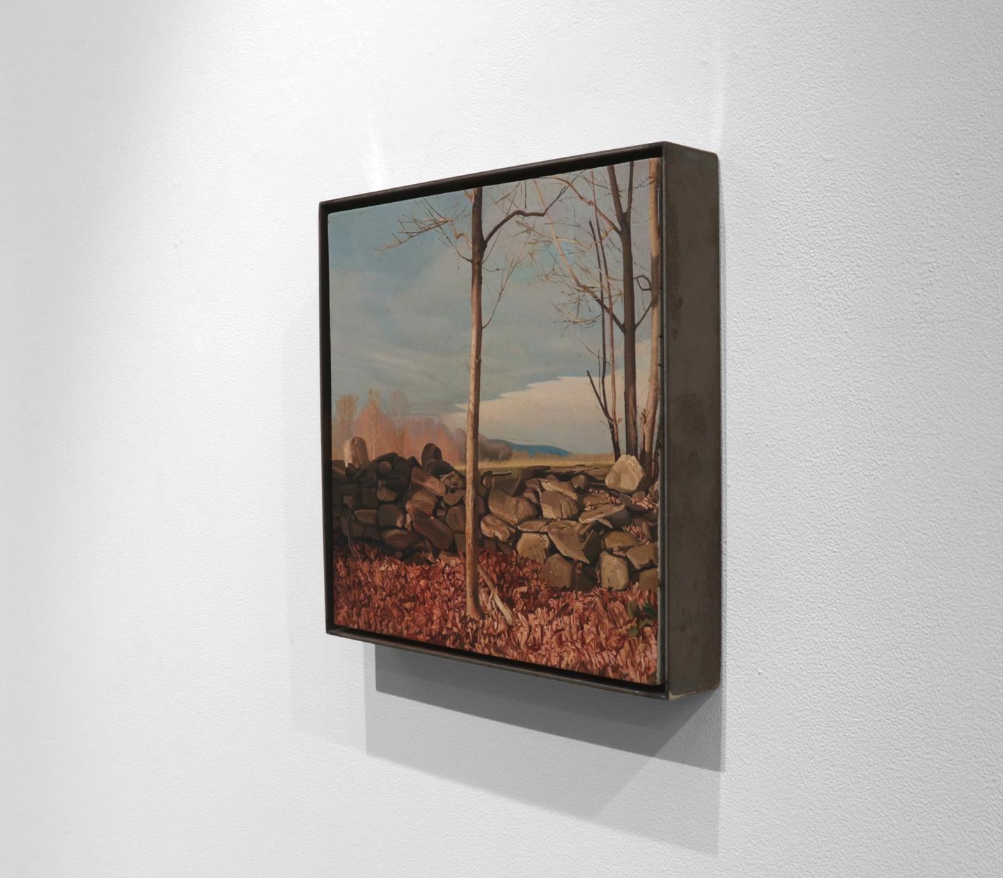 TREES ON A LINE #23, hyper-realism, stone wall, farmland, dusk lighting - Naturalistic Painting by Trey Friedman