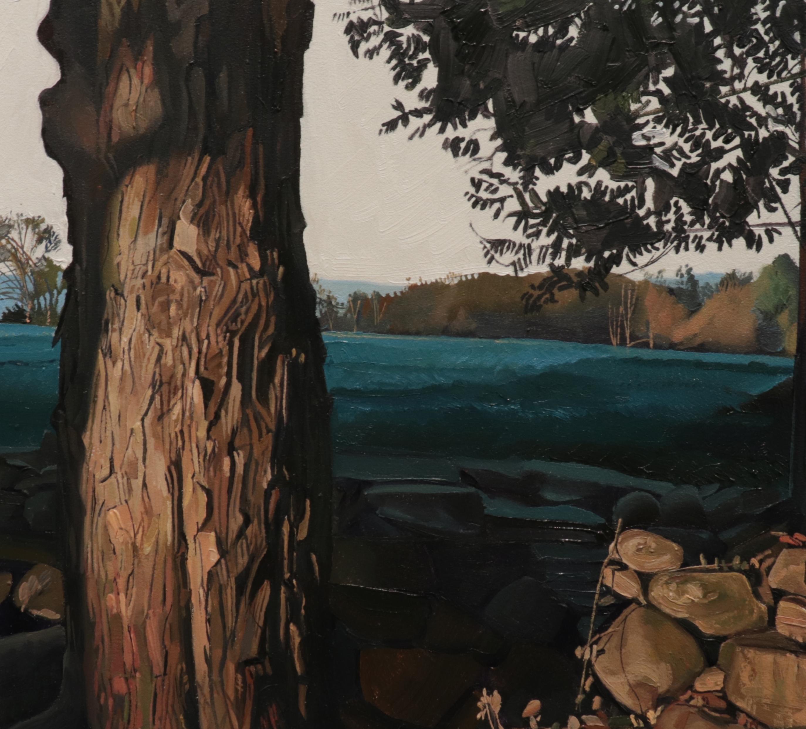 TREES ON A LINE #35, trees in the country, hyper-realism, country landscape - Naturalistic Painting by Trey Friedman