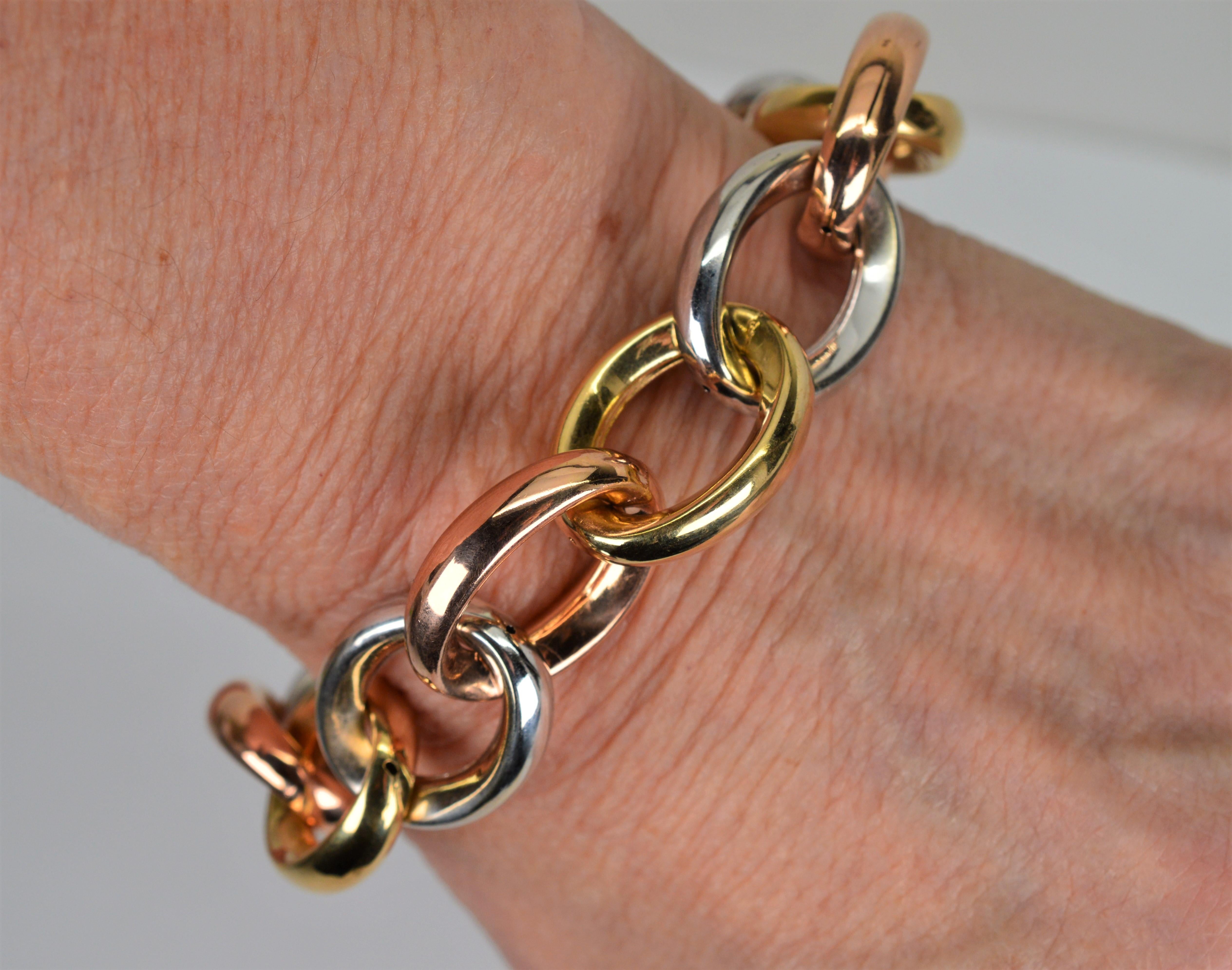 Tri Color 14 Karat Gold Oval Link Chain Bracelet 3