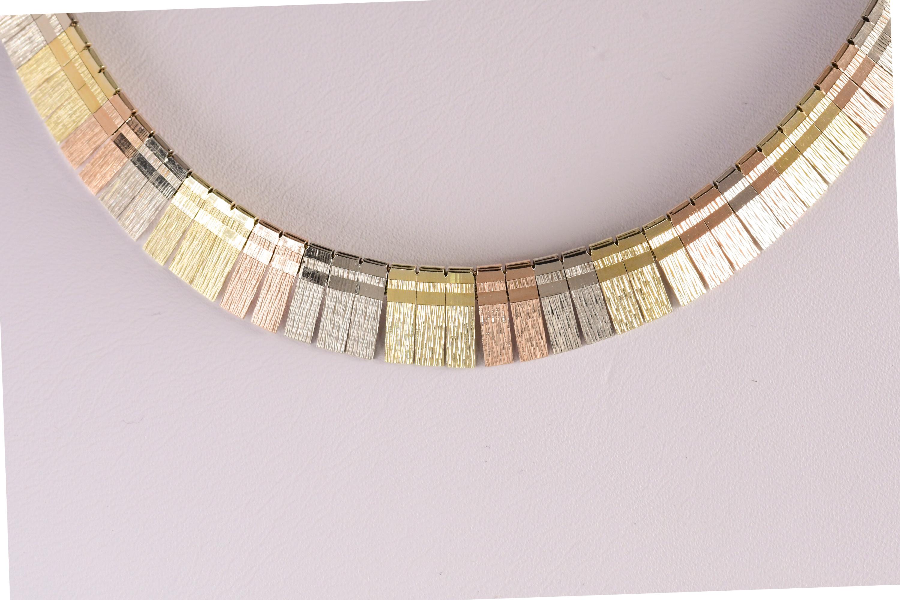 Contemporary Tri-Color 14 Karat Gold Cleopatra Style Necklace 24.9 Grams