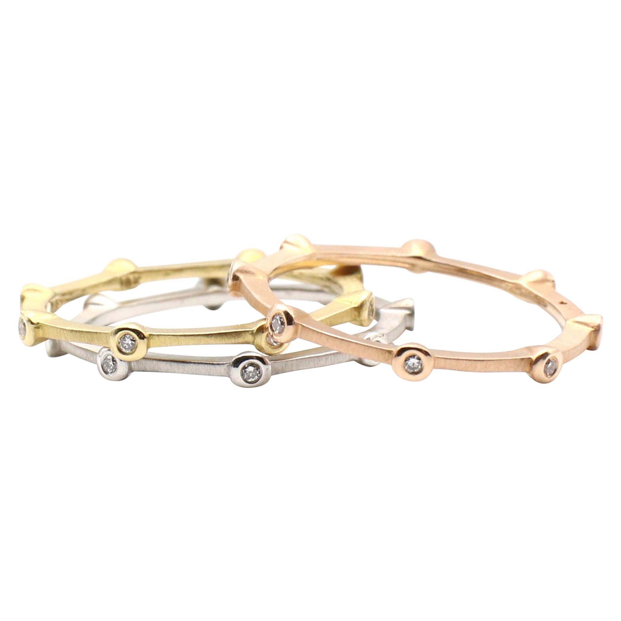 Tri-Color 18 Karat Natural Diamond Bamboo Style Stacking Band Ring Set of 3
