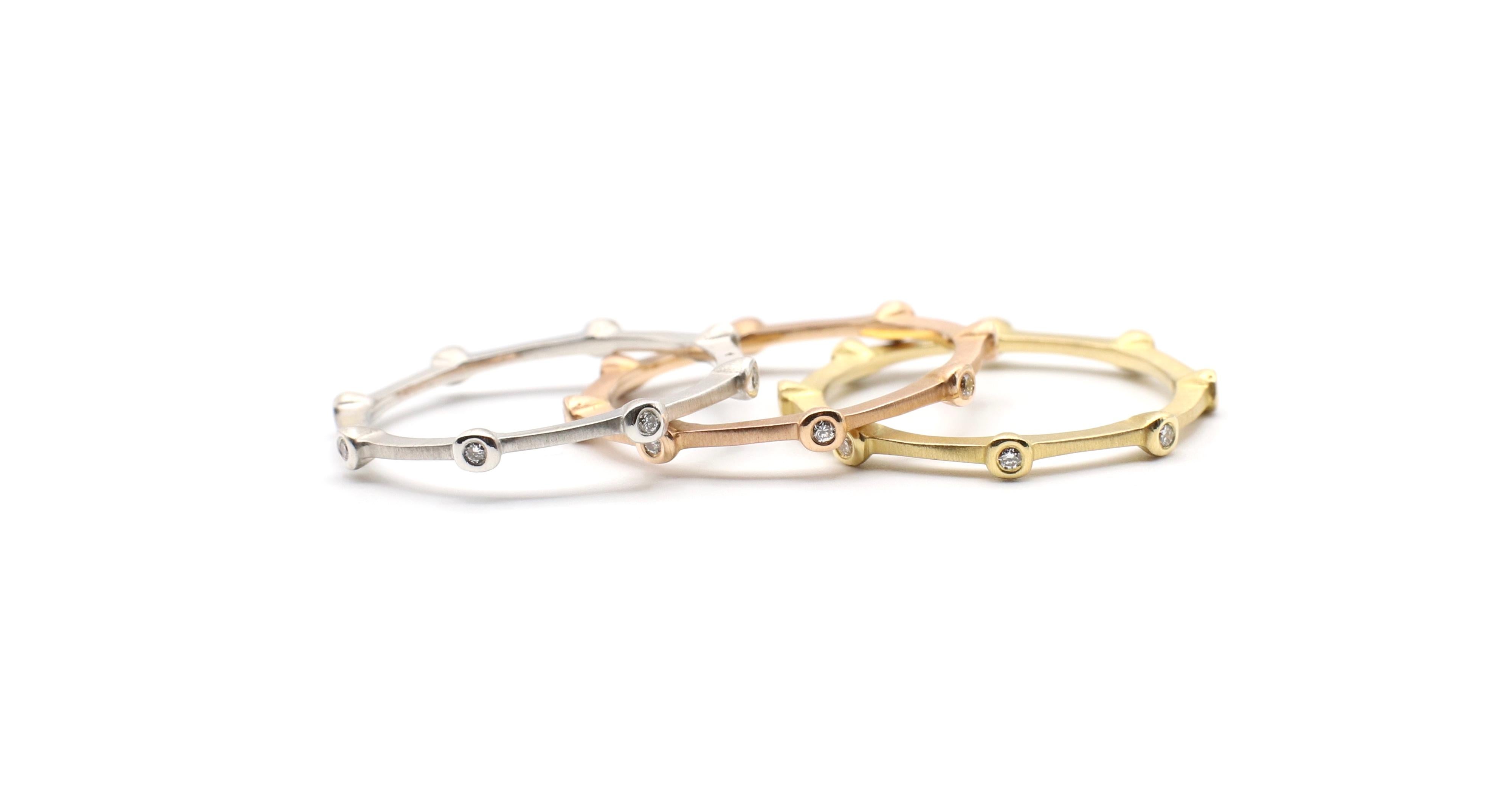 Contemporary Tri-Color 18 Karat Natural Diamond Bamboo Style Stacking Band Ring Set of 3