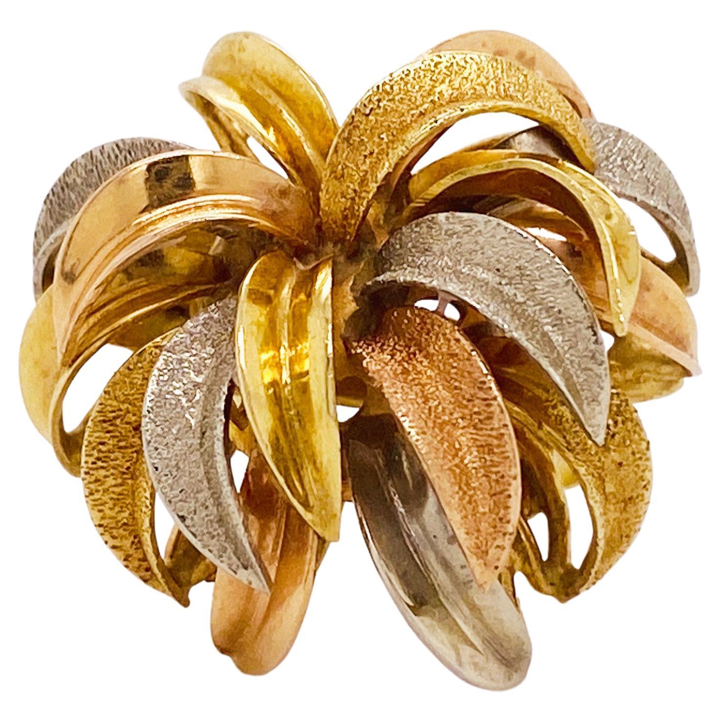 Tri-Color 18K Gold Crown of Fireworks or Leaves Cocktail Ring, Yellow Rose White For Sale