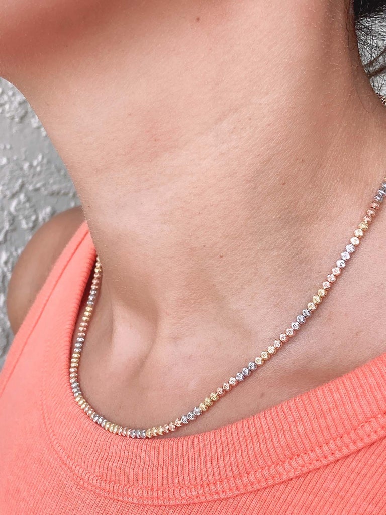 TriColor 18K Gold Diamond Cut Bead Necklace For Sale at 1stDibs