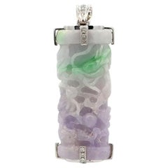 Tri-Color Carved FEI CUI A Jade GIA, Diamond and Ruby Gold Pendant