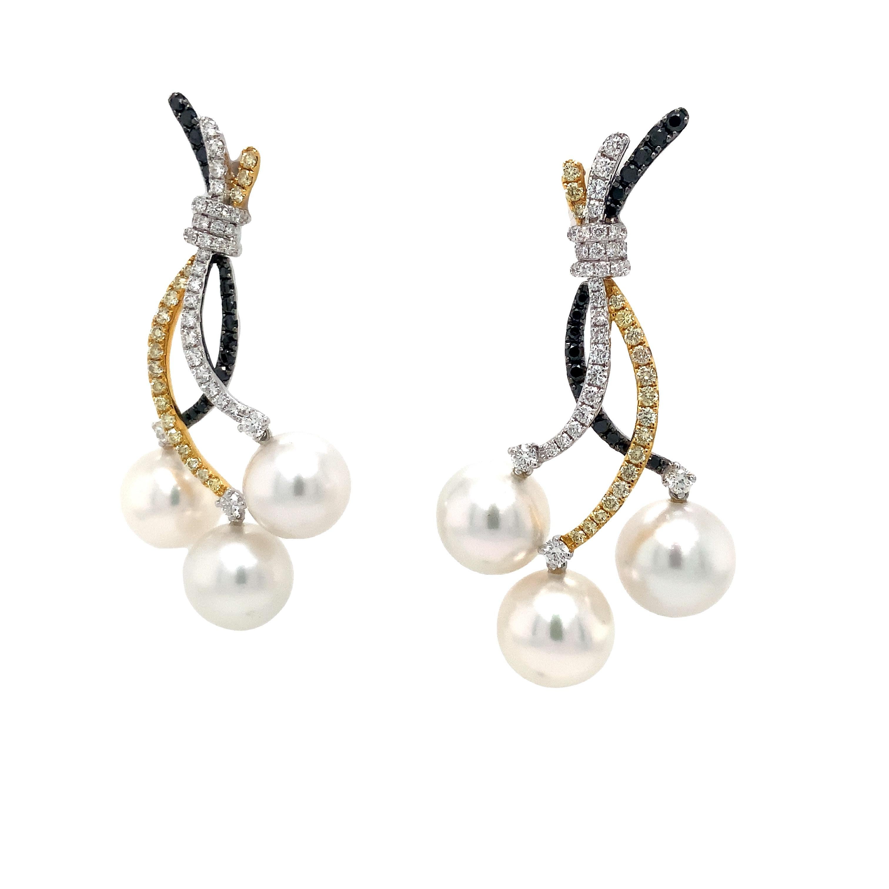 Women's Tri-Color Diamond and Triple White South Sea Pearl Drop Earrings set in 18 kt Go For Sale