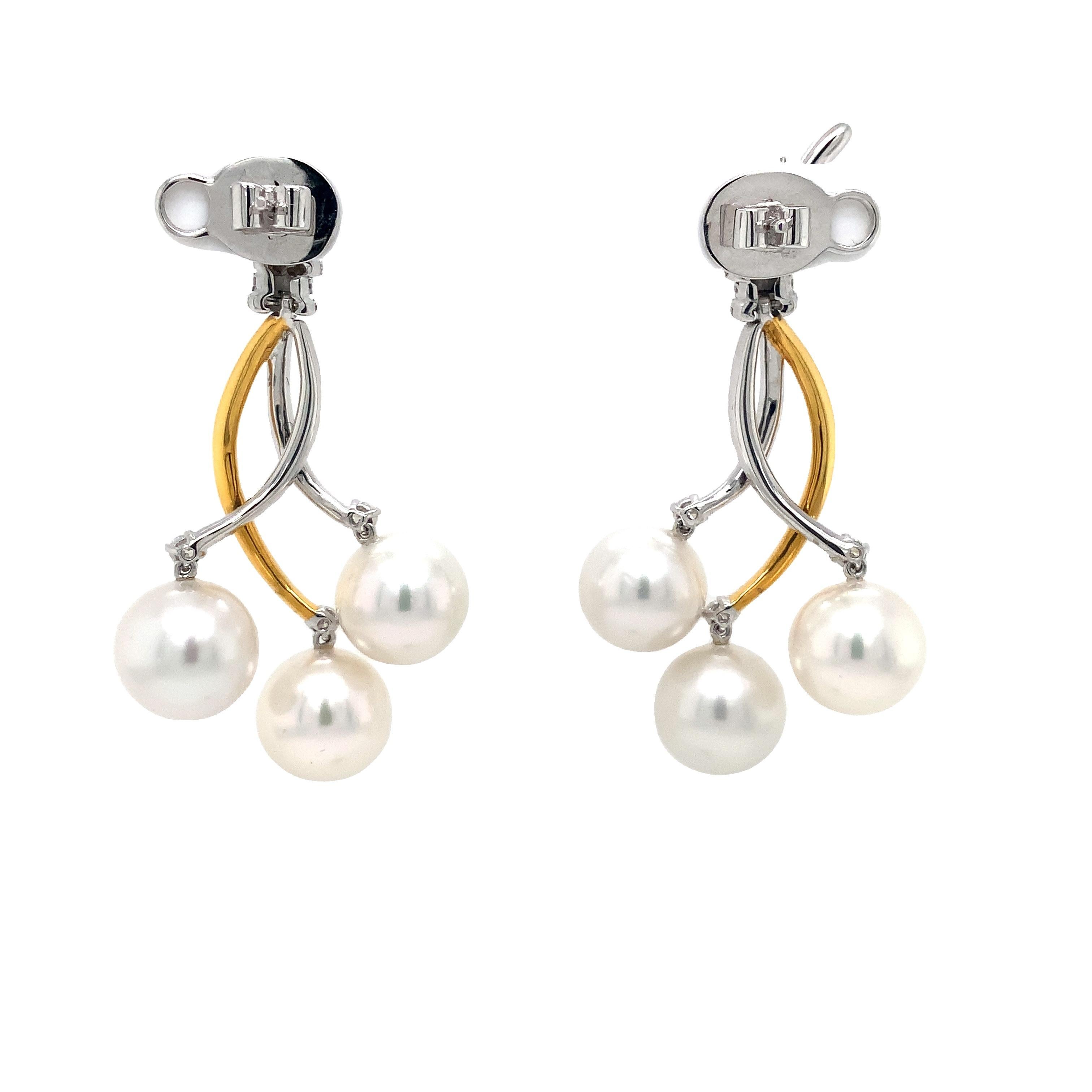 Tri-Color Diamond and Triple White South Sea Pearl Drop Earrings set in 18 kt Go For Sale 1