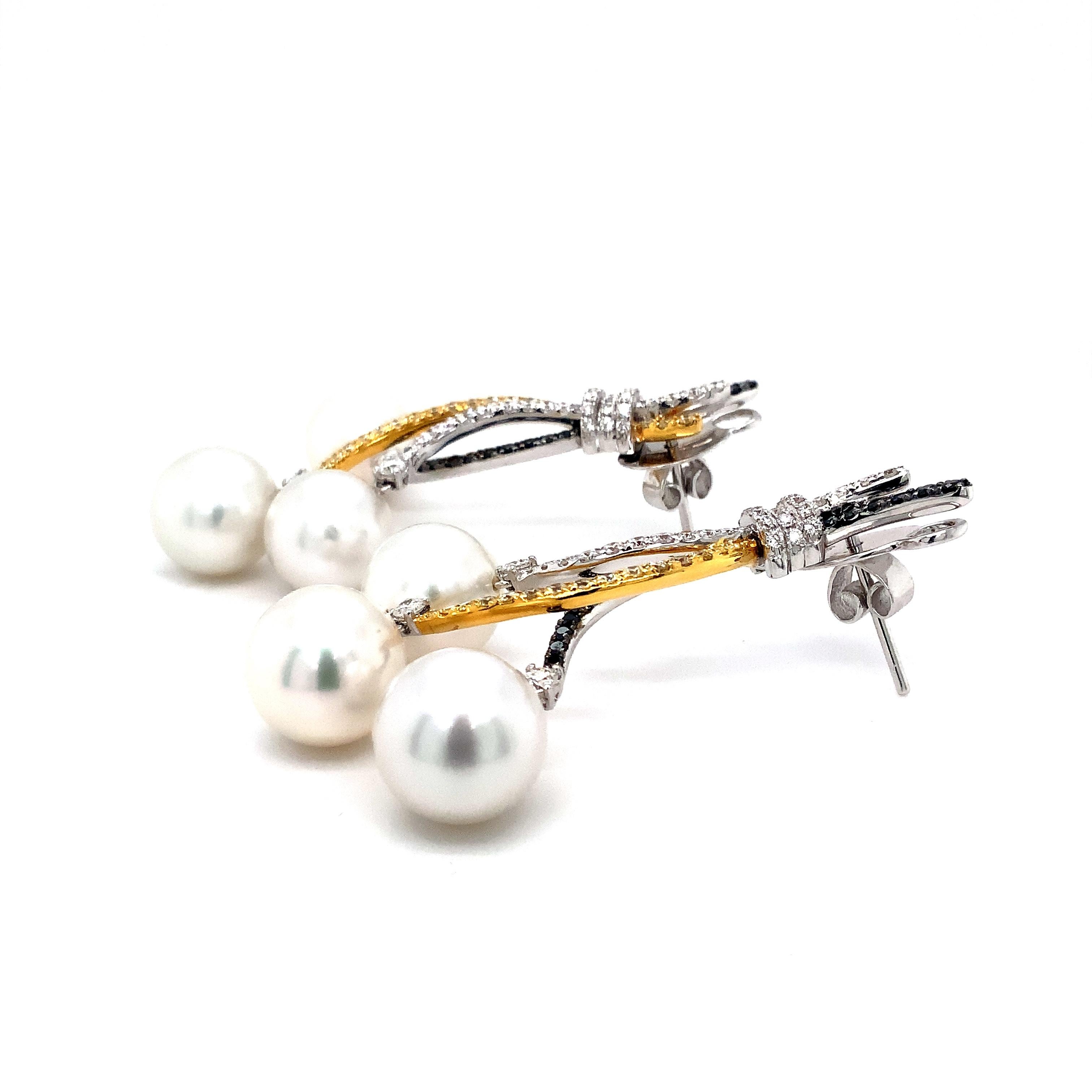 Tri-Color Diamond and Triple White South Sea Pearl Drop Earrings set in 18 kt Go For Sale 5