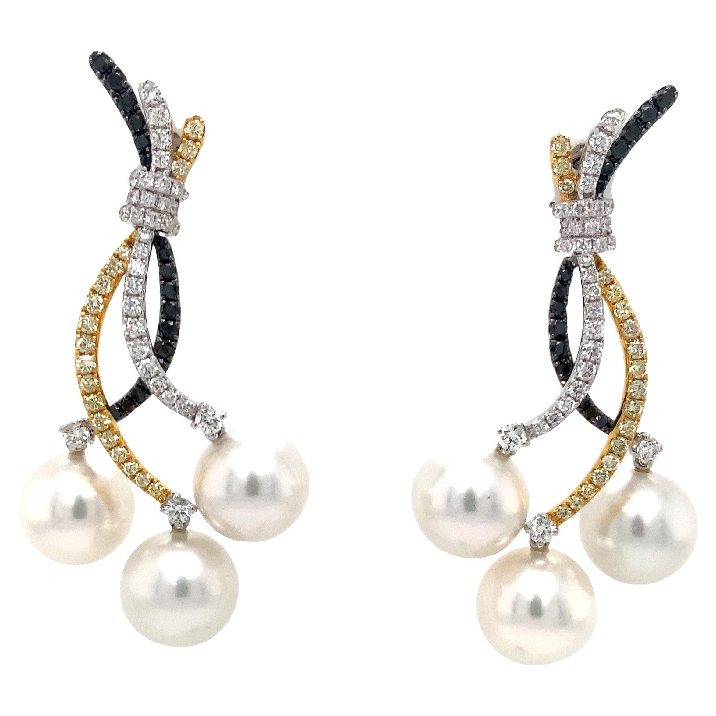 Tri-Color Diamond and Triple White South Sea Pearl Drop Earrings set in 18 kt Go For Sale