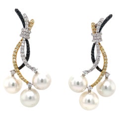 Tri-Color Diamond and Triple White South Sea Pearl Drop Earrings set in 18 kt Go