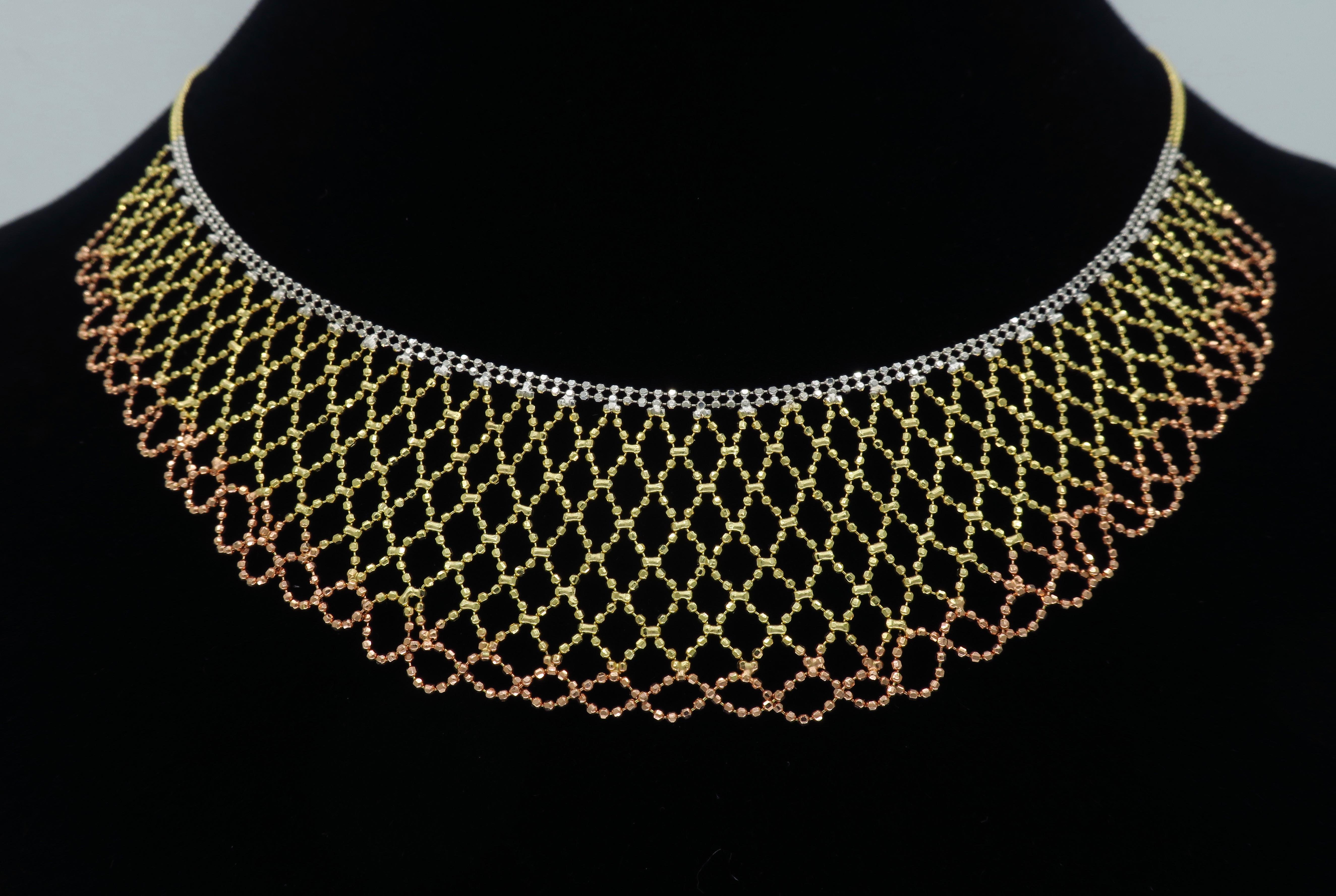 Women's or Men's Tri-Color Diamond Cut 14 Karat Gold Collar Style Necklace