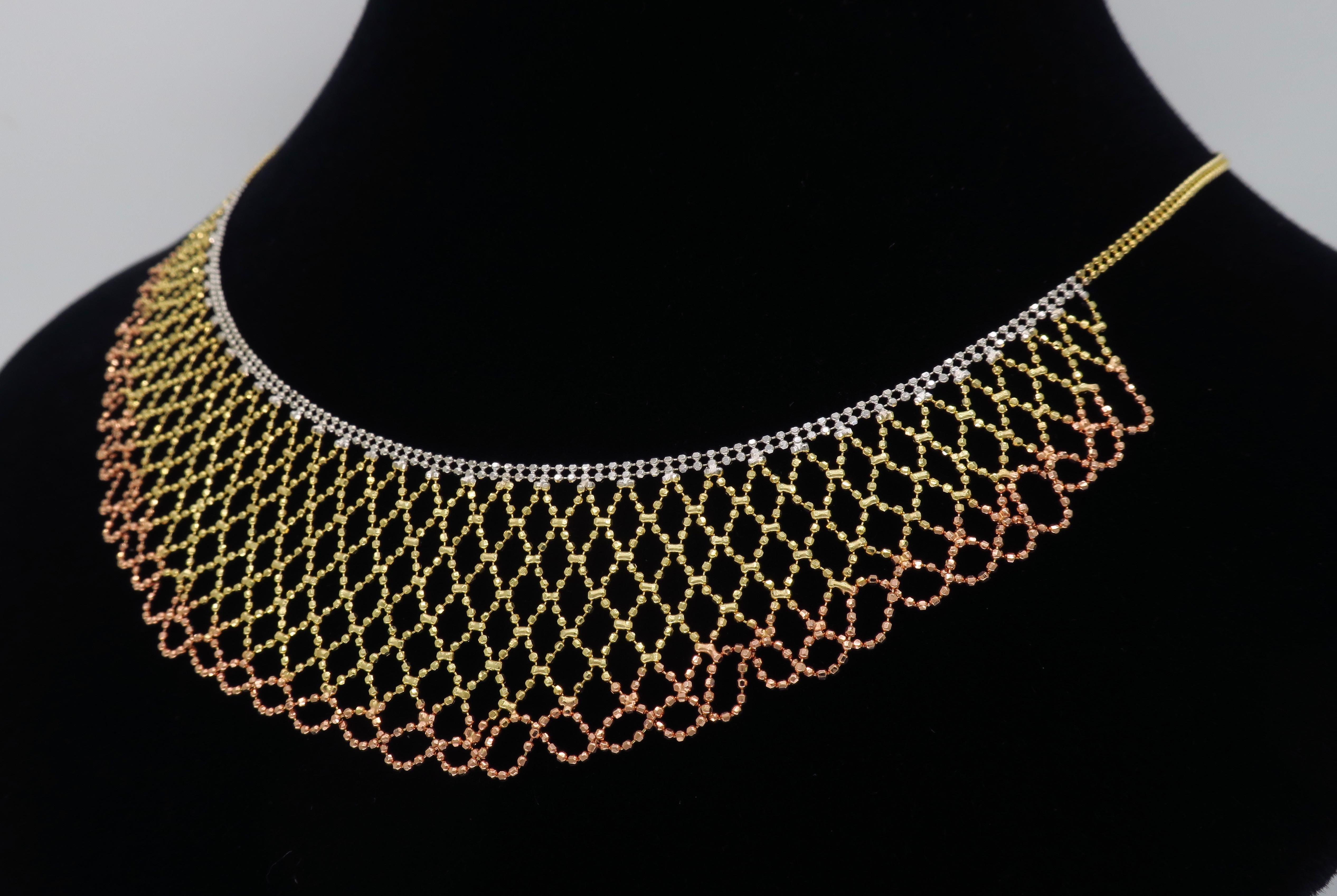 Tri-Color Diamond Cut 14 Karat Gold Collar Style Necklace 1