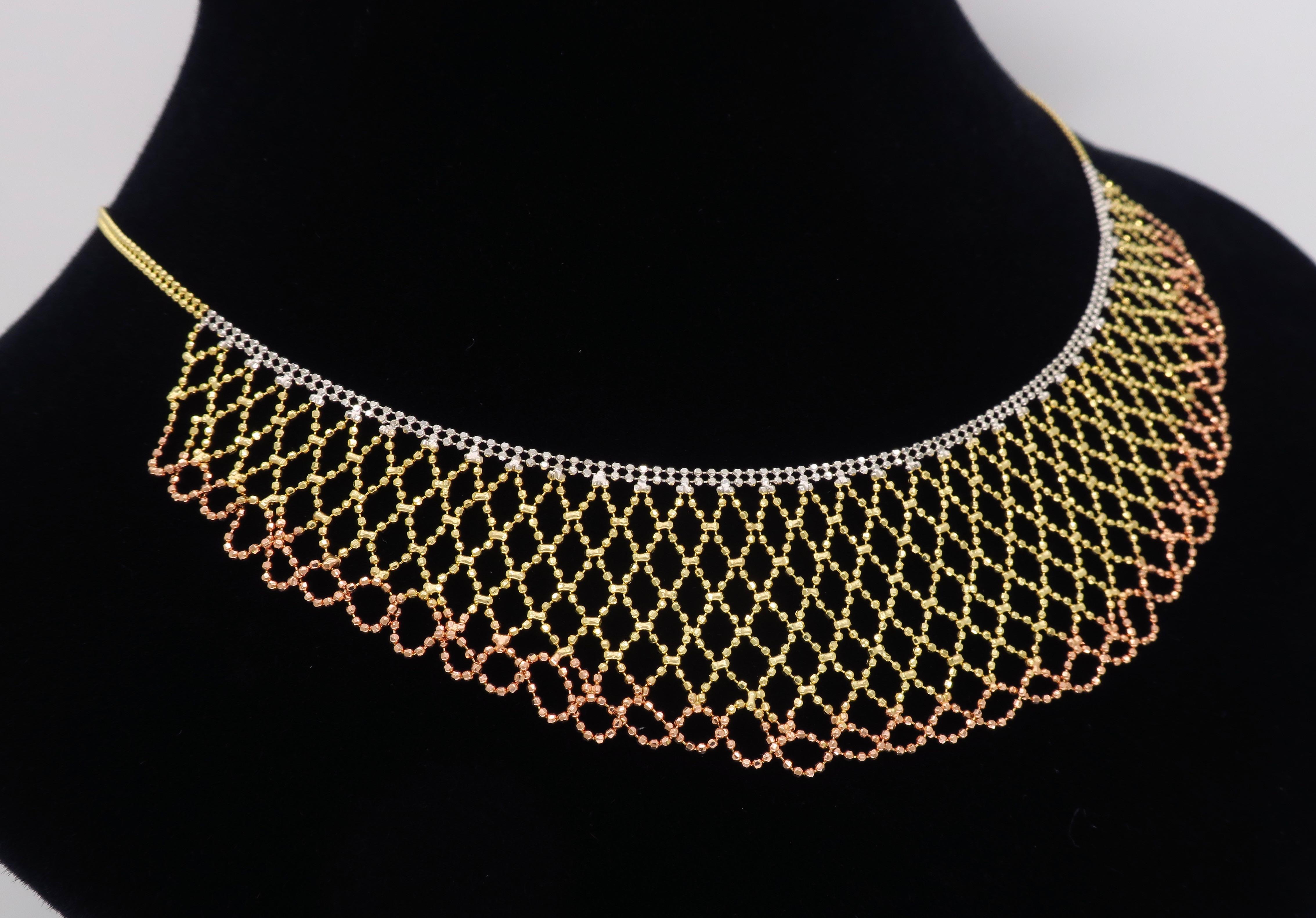 Tri-Color Diamond Cut 14 Karat Gold Collar Style Necklace 2