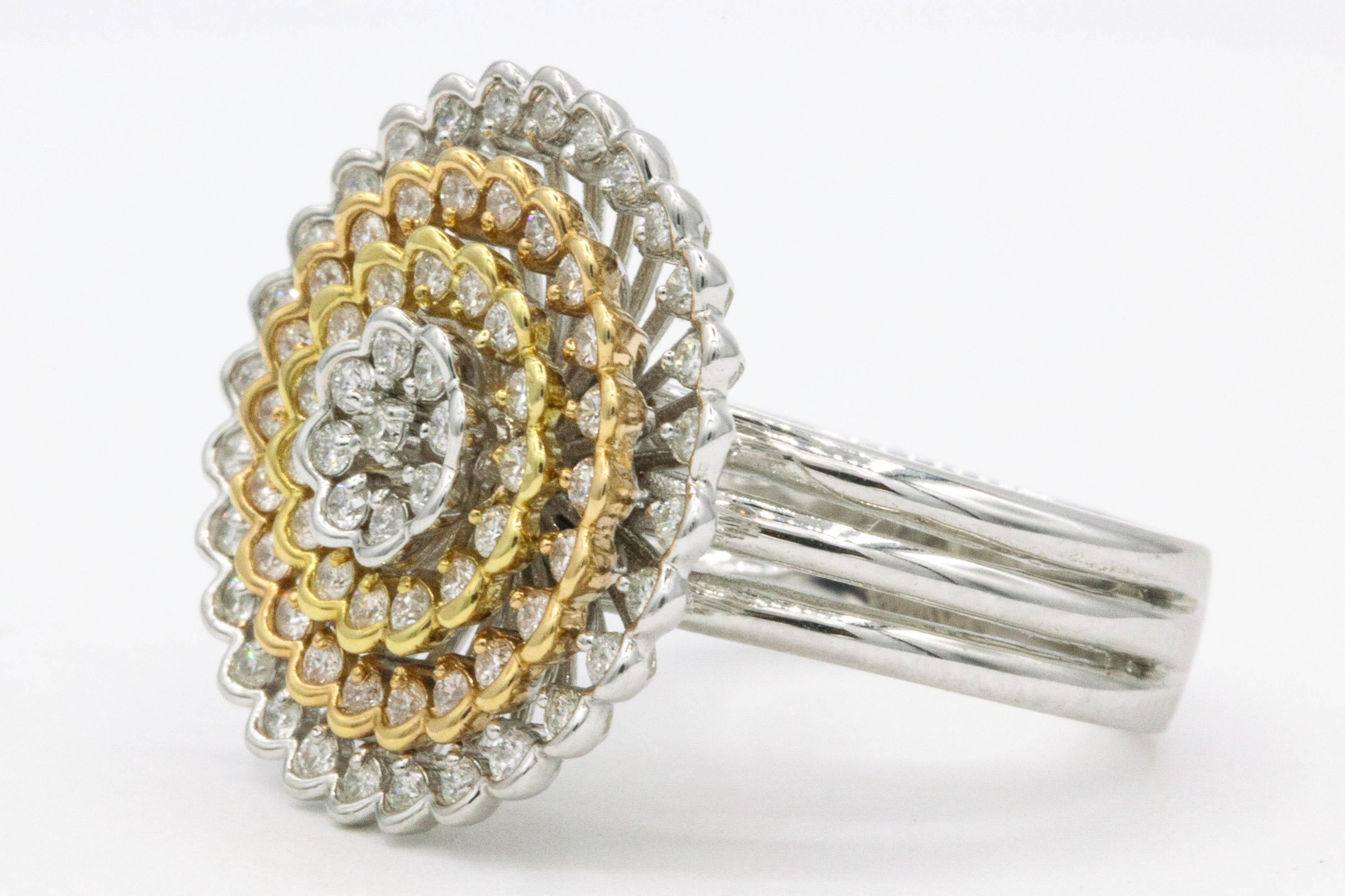 Contemporary Tri-Color Diamond Floral Ring 0.88 Carat 18 Karat For Sale