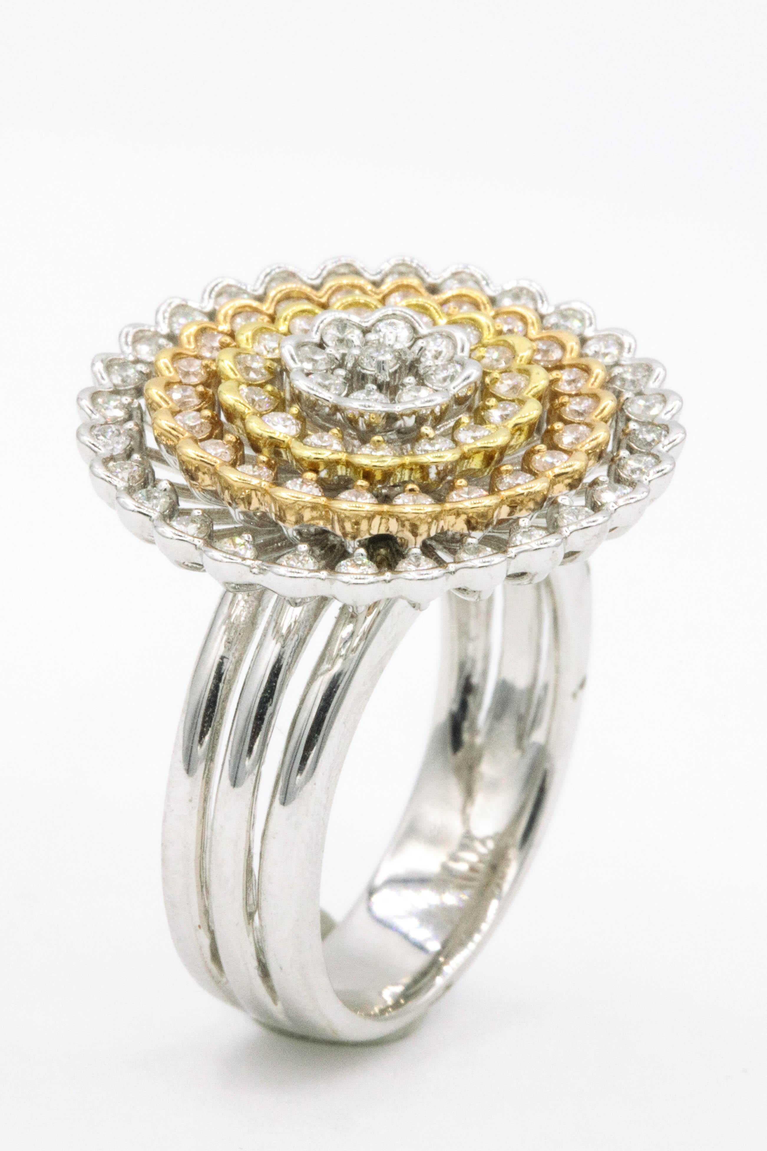 Women's Tri-Color Diamond Floral Ring 0.88 Carat 18 Karat For Sale