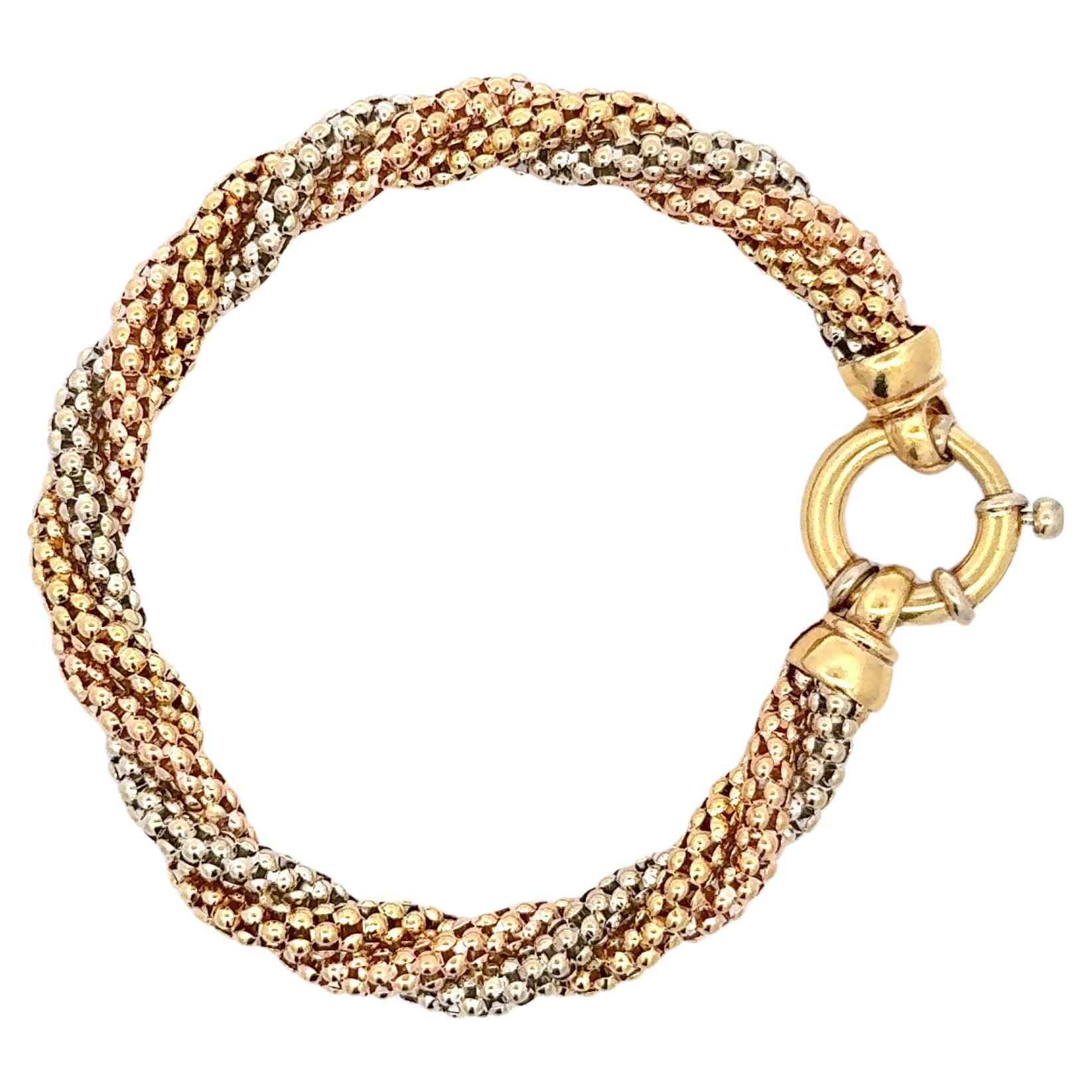 Contemporary Tri-Color Gold Beaded Twist Bracelet 18 Karat Gold 23 Grams For Sale