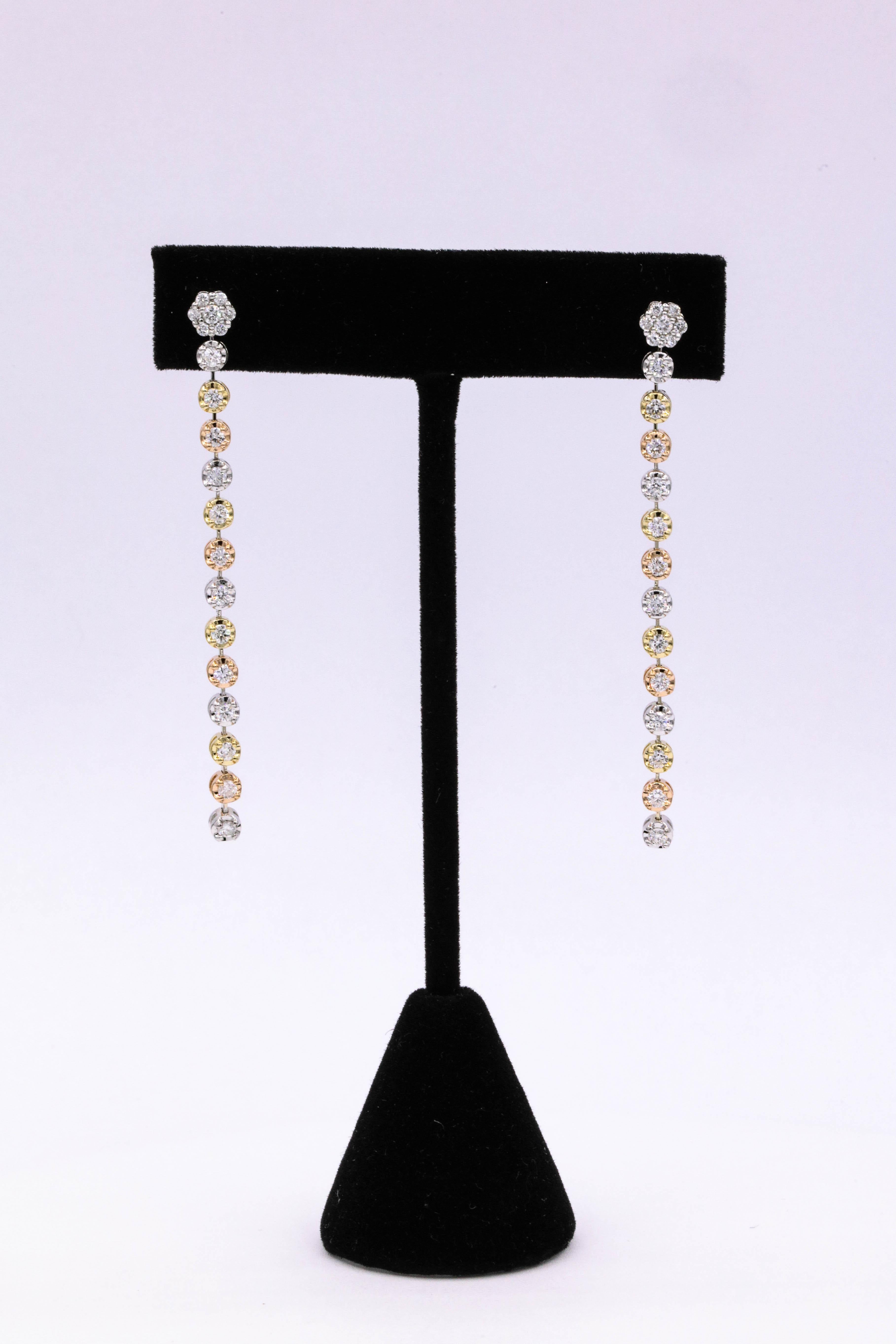 Contemporary Tri-Color Gold Diamond Drop Earrings 1.50 Carat