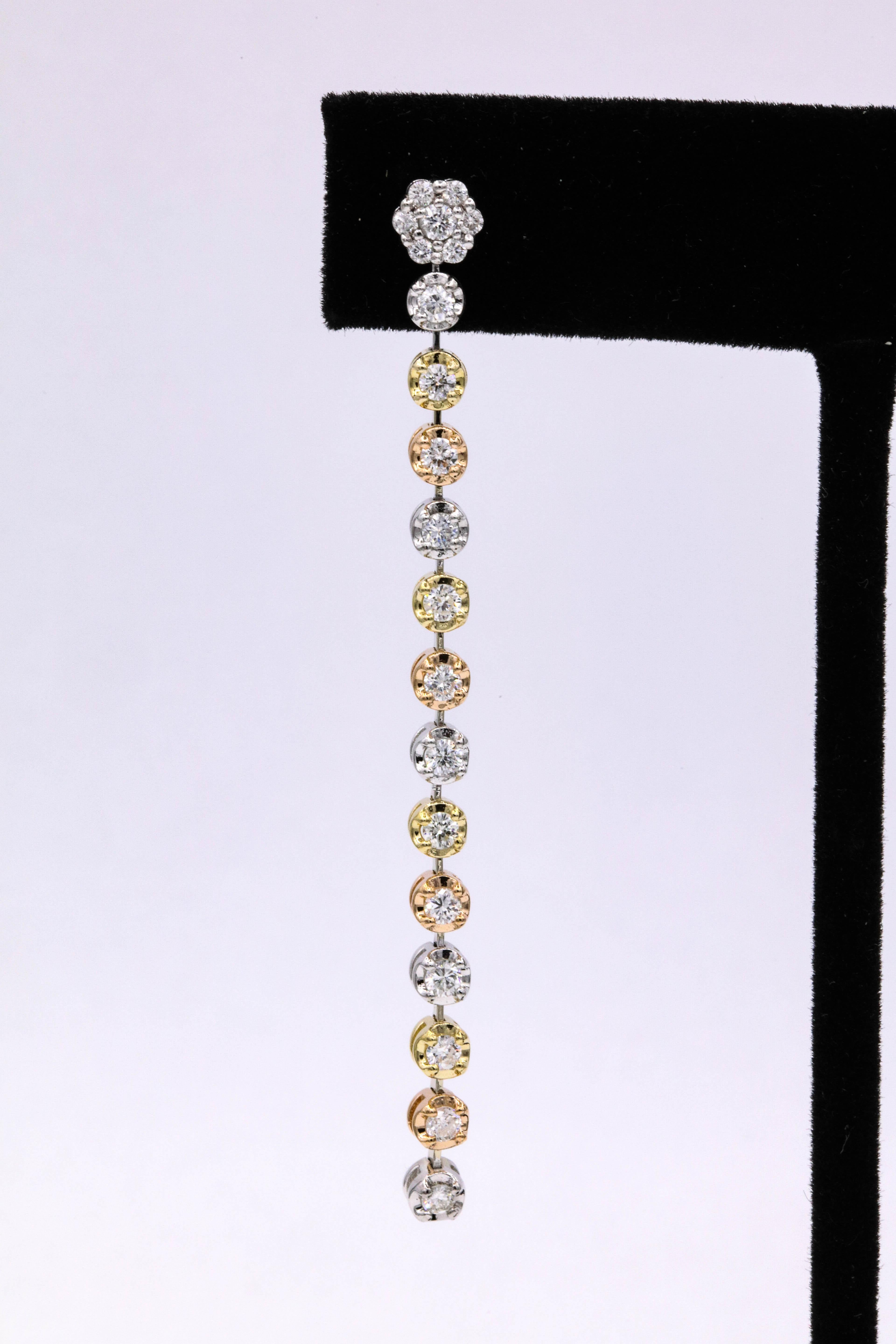 Round Cut Tri-Color Gold Diamond Drop Earrings 1.50 Carat For Sale
