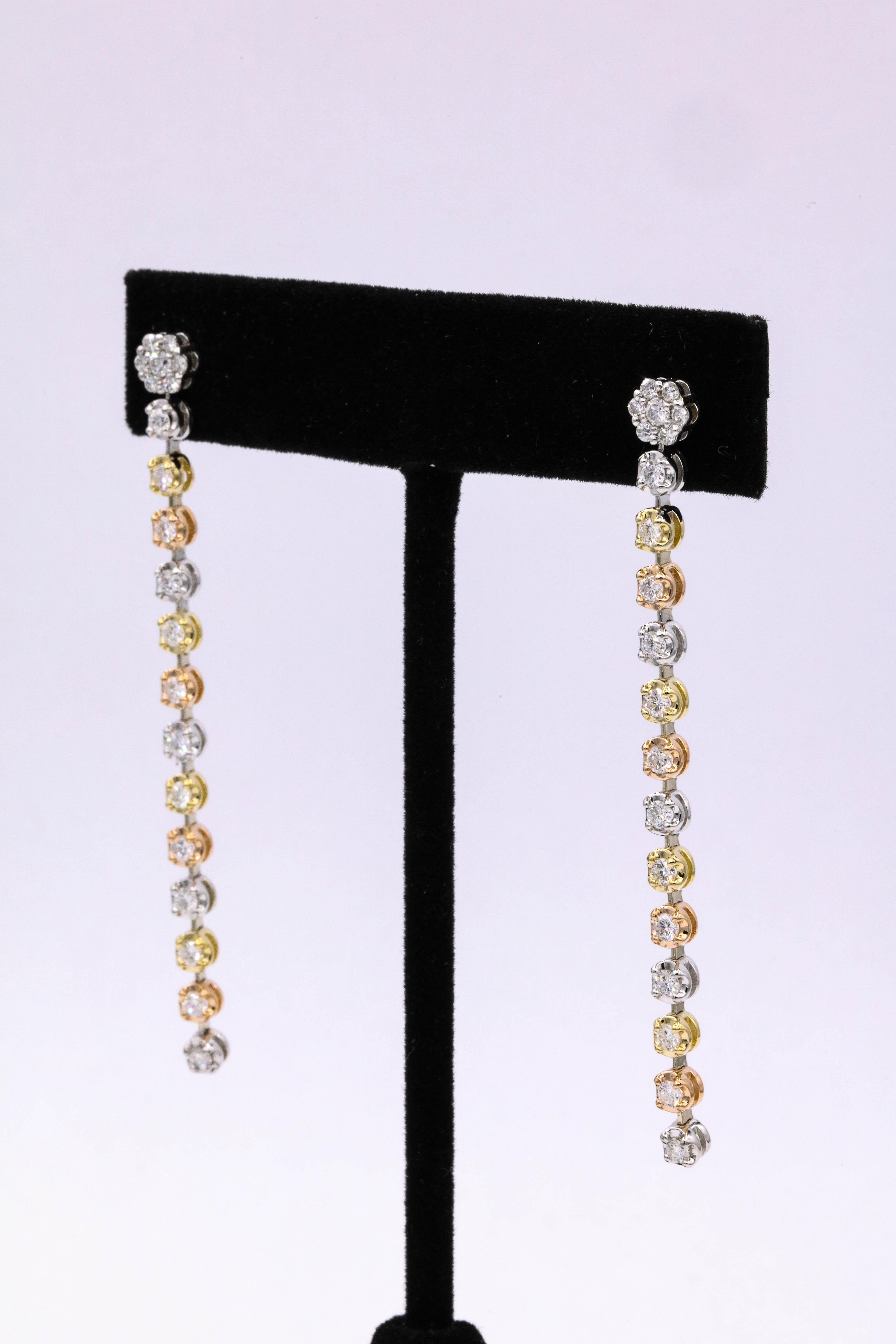 Tri-Color Gold Diamond Drop Earrings 1.50 Carat For Sale 1