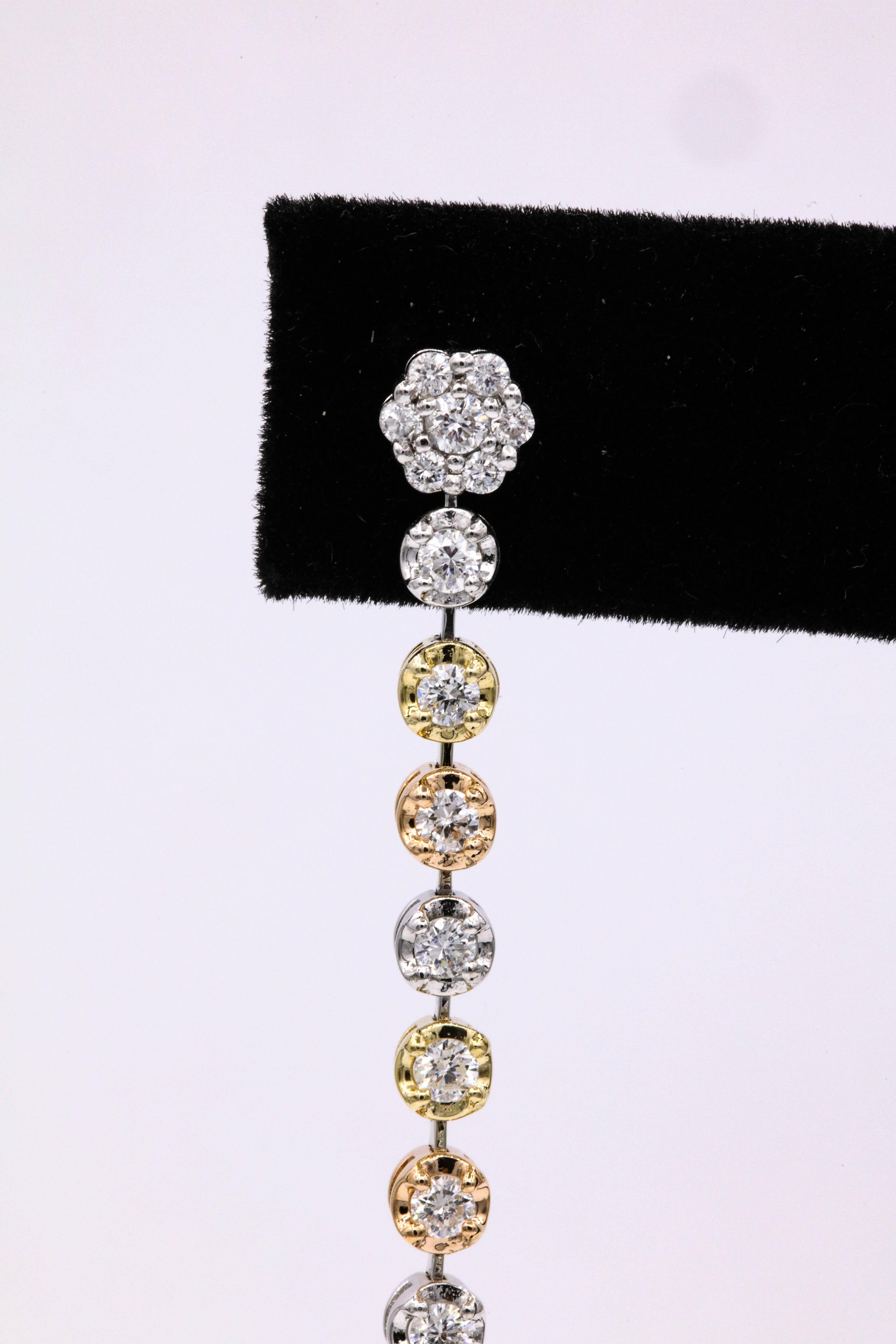 Tri-Color Gold Diamond Drop Earrings 1.50 Carat For Sale 2