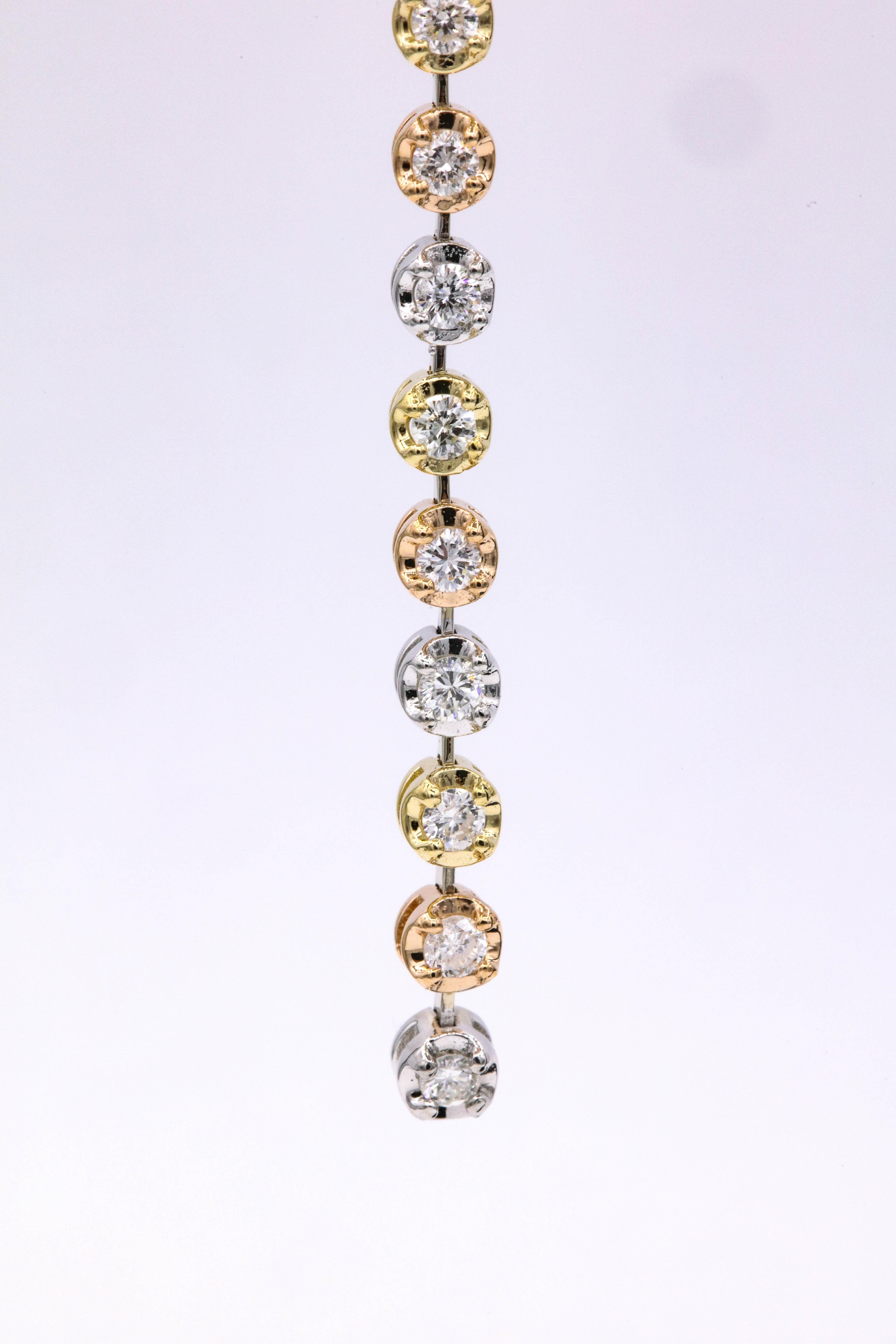 Tri-Color Gold Diamond Drop Earrings 1.50 Carat For Sale 3