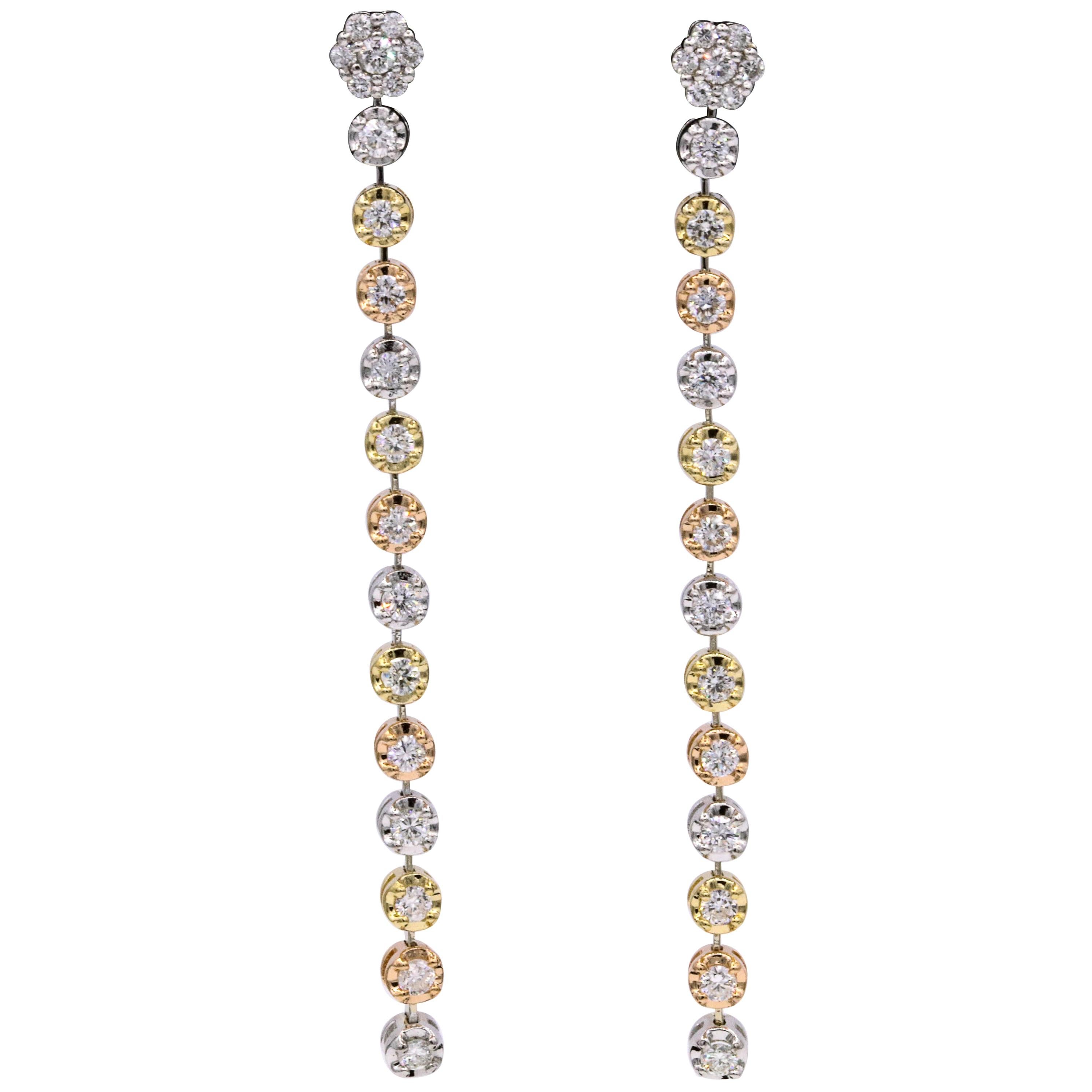 Tri-Color Gold Diamond Drop Earrings 1.50 Carat For Sale