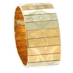 Tri-Color Gold Engraved Plaque Bracelet. 62.9 Grams