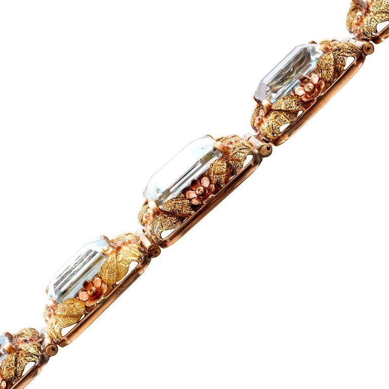 TriColor Gold Floral Motif Bracelet with Aquamarine at 1stDibs