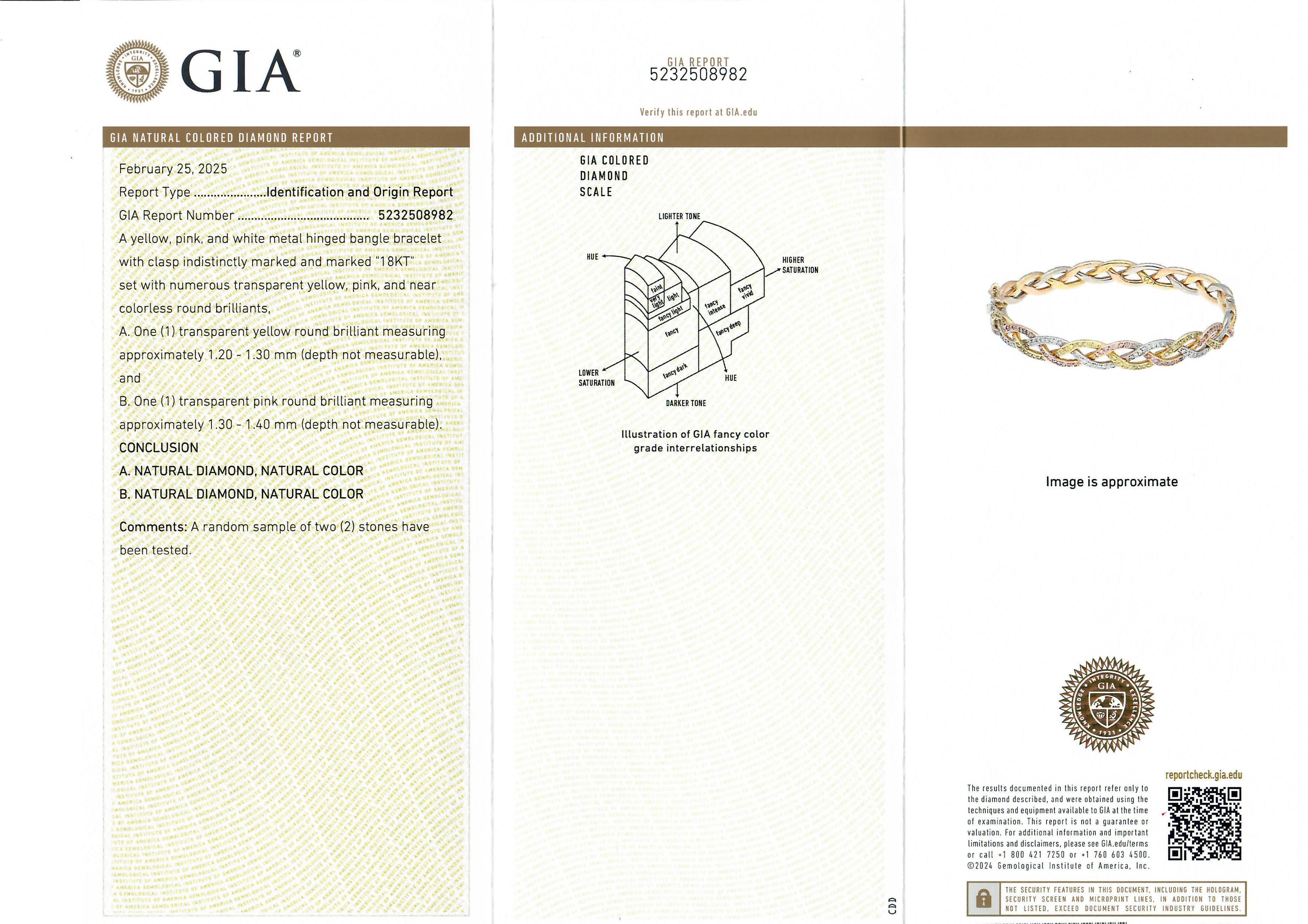 Pulsera tricolor de oro GIA de 1,80 ct con diamante amarillo rosa trenzado abierto en venta 2