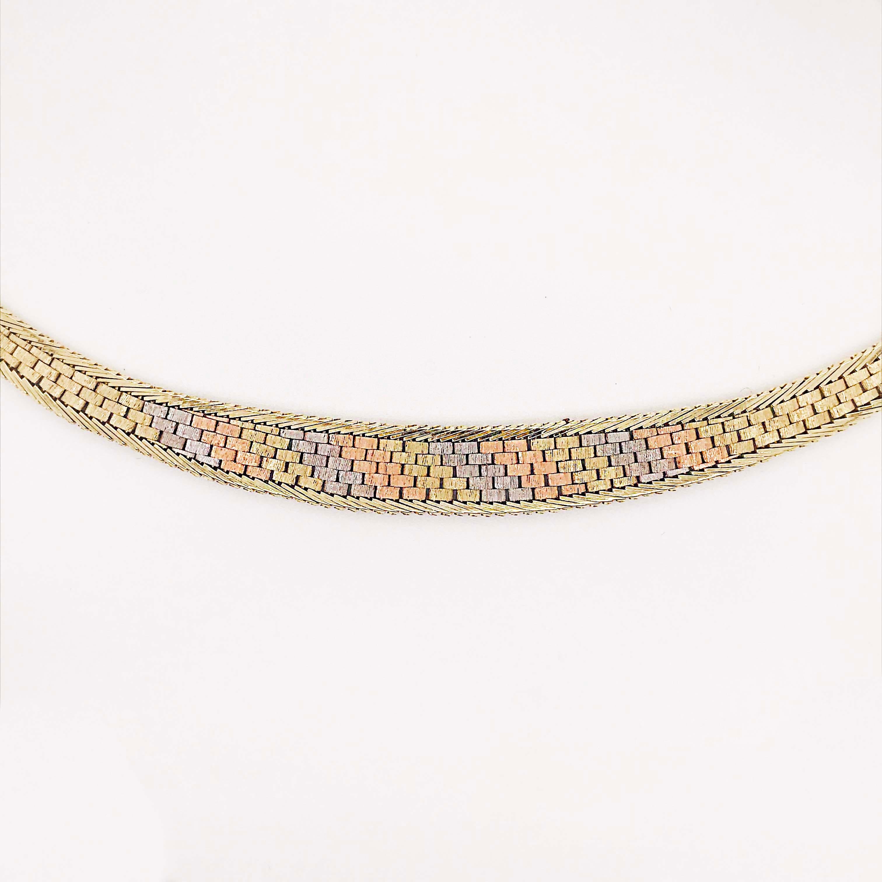 Artisan Mixed Metal Necklace, Gold Link Chain Choker, 14K Yellow, White, Rose Gold