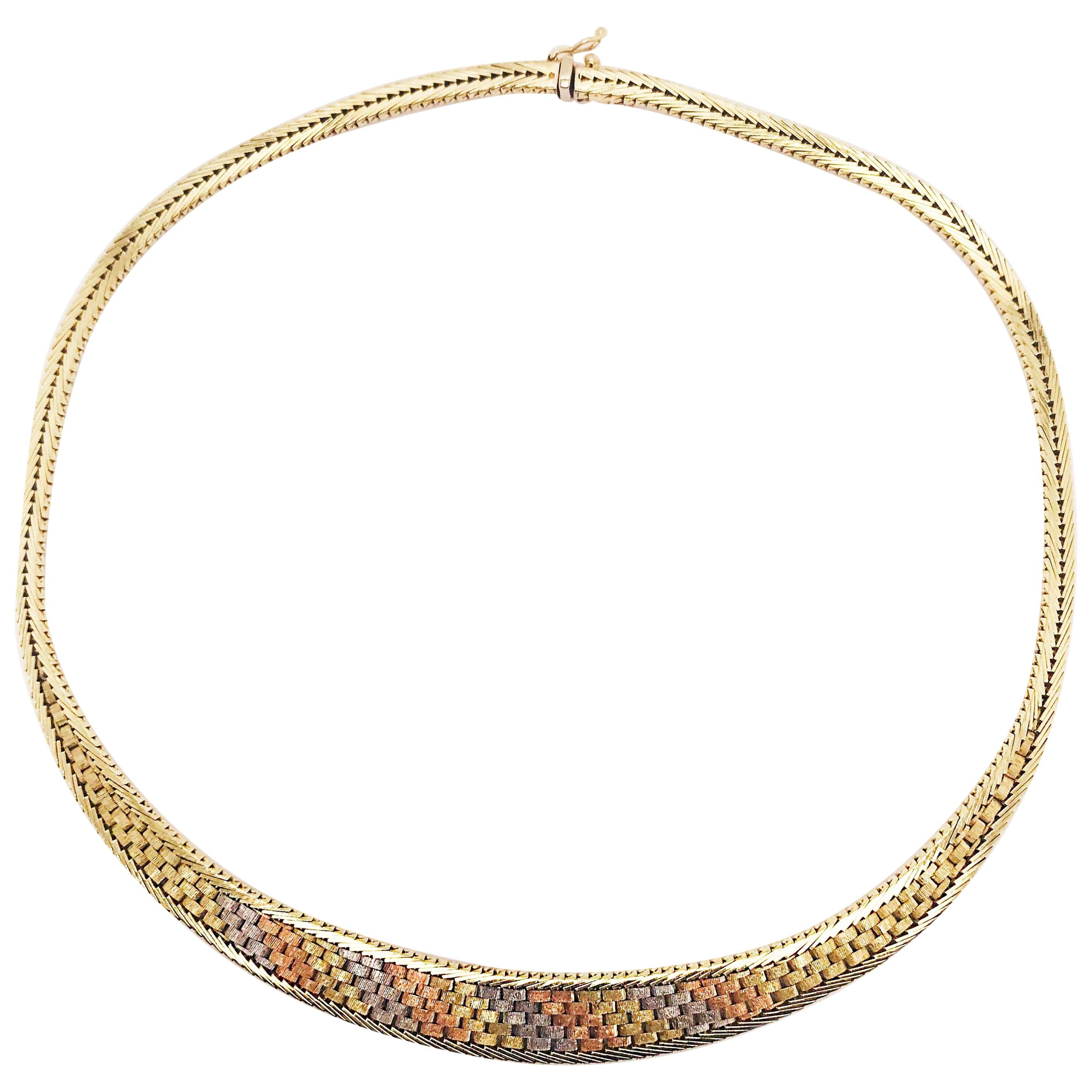 Mixed Metal Necklace, Gold Link Chain Choker, 14K Yellow, White, Rose Gold