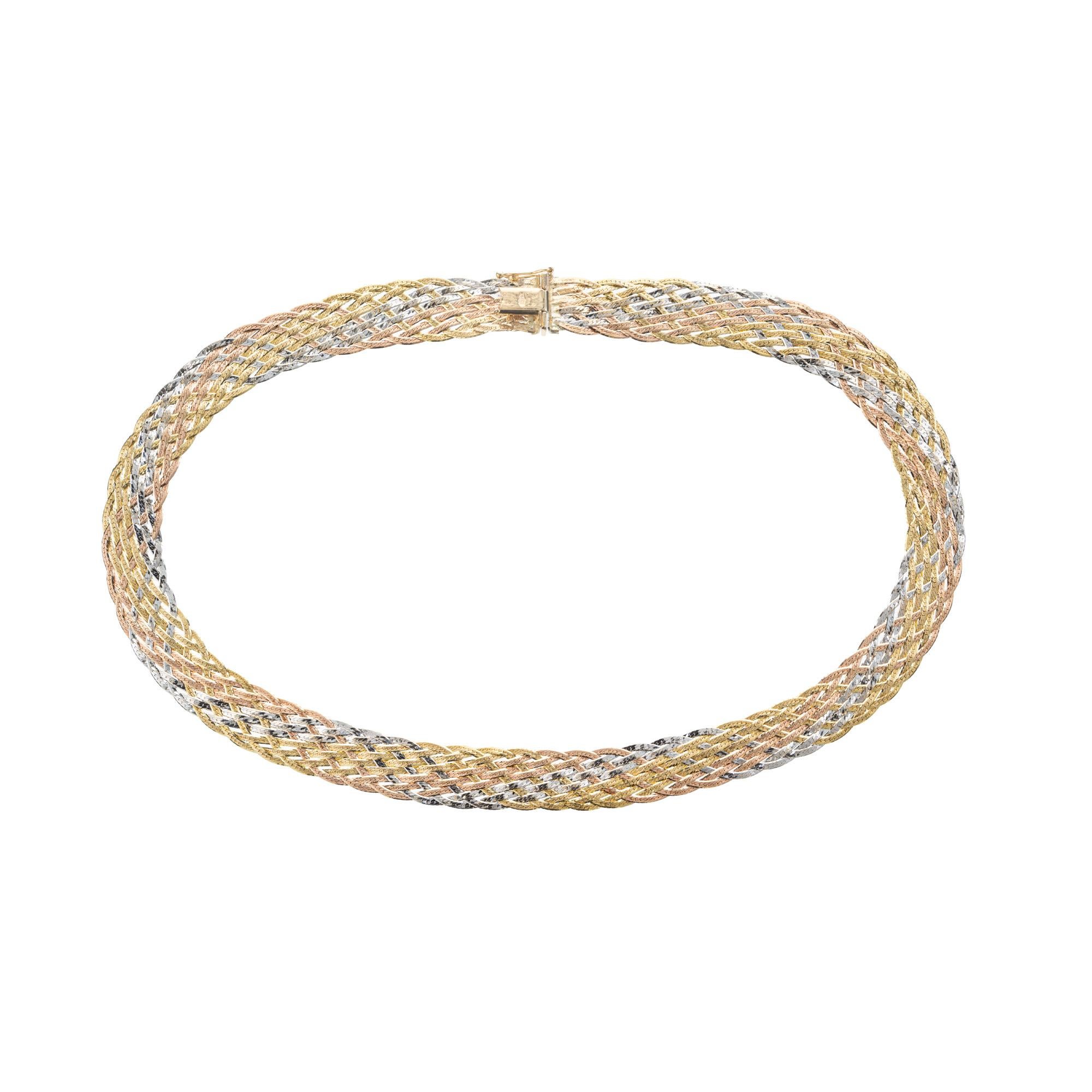 Tri Color Gold Mesh Necklace. This necklace is a harmonious blend of 14k white, yellow, and rose gold links intricately woven together, forming a stunning mesh pattern that is both elegant and contemporary. The necklace is 16 inches in length.