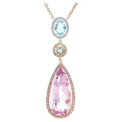 Tri Color Gold Pastel Amethyst, Topaz & Diamond Long Teardrop Pendant Necklace