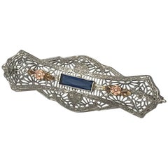 Tri-Color, Gold & Sterling- Silver, Victorian Rose Pin With French-Cut Sapphire