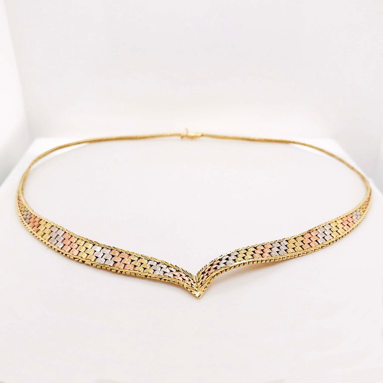Tri Color Gold "V" Pointed Necklace, Yellow Gold Rose Gold White Gold