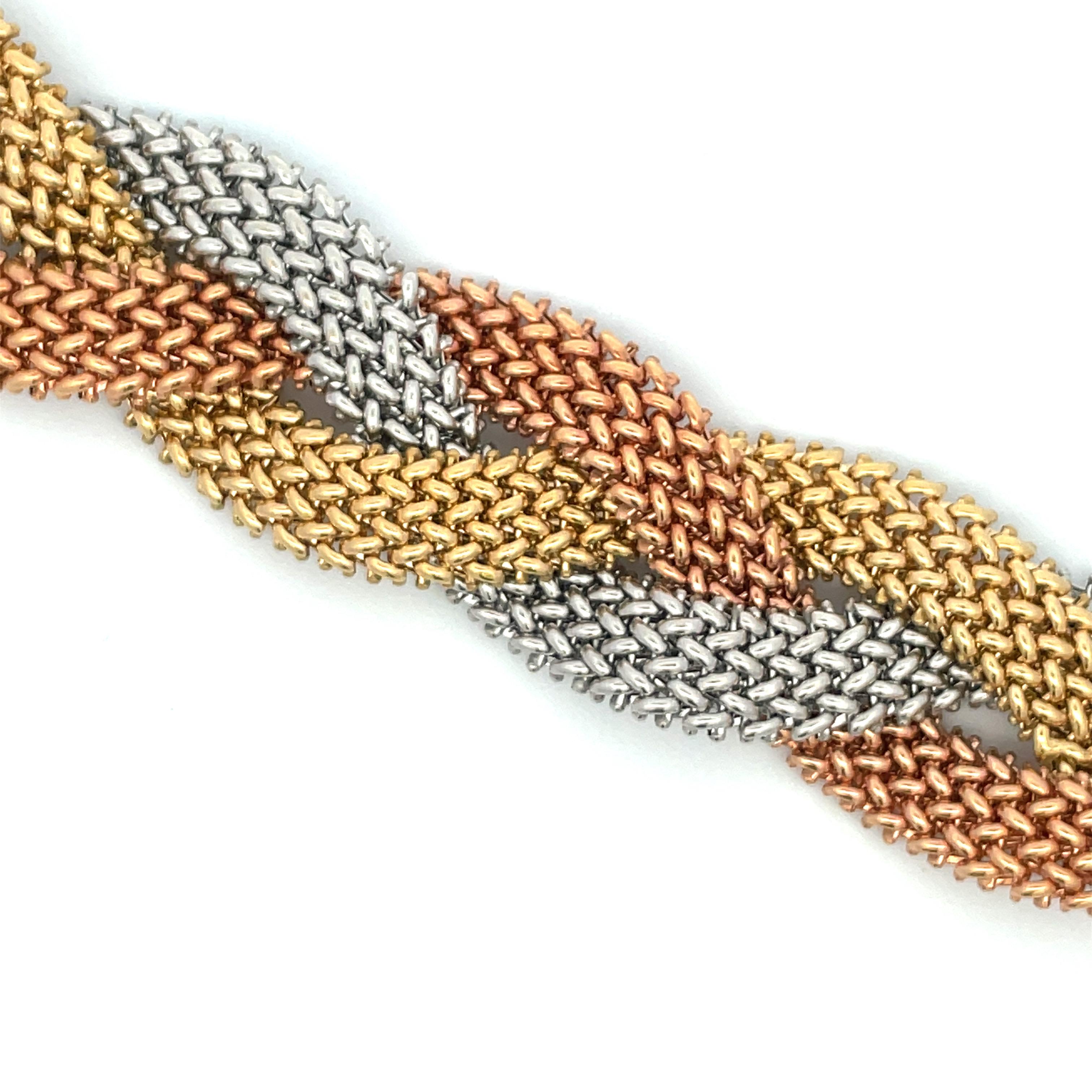 Contemporary Tri-Color Gold Woven Braided Bracelet 14 Karat Gold 42.6 Grams Diamond Clasp  For Sale