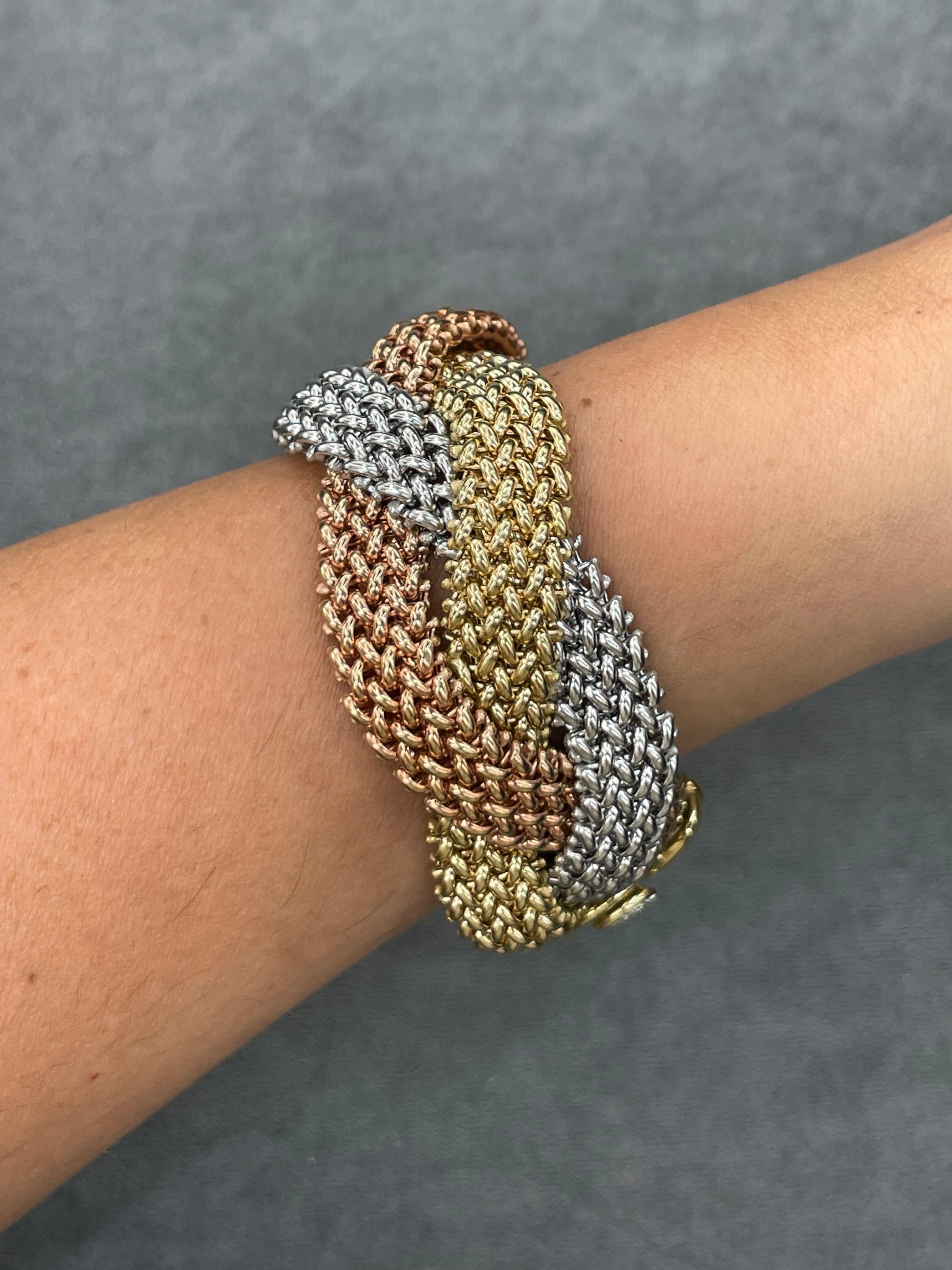 Women's or Men's Tri-Color Gold Woven Braided Bracelet 14 Karat Gold 42.6 Grams Diamond Clasp  For Sale