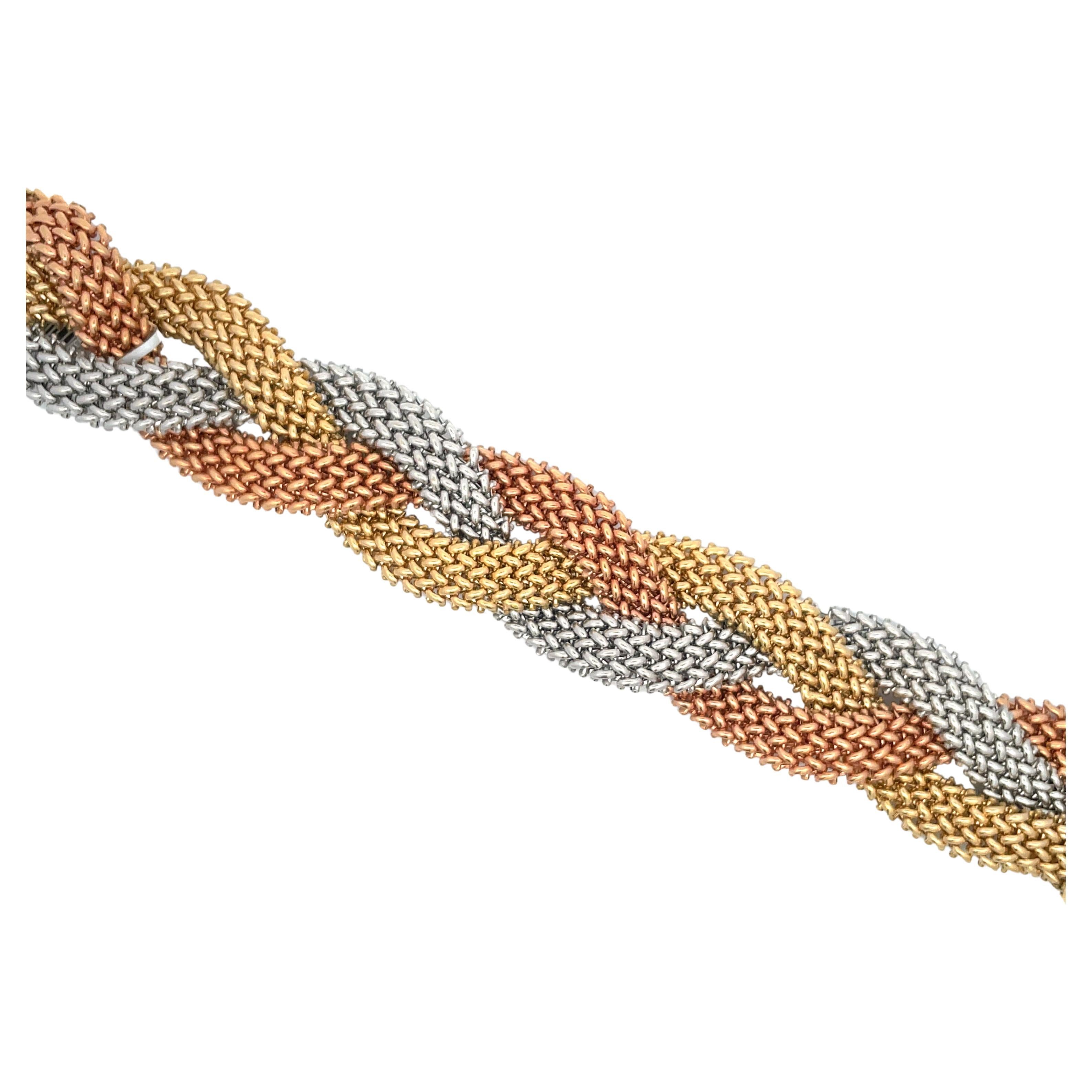 Tri-Color Gold Woven Braided Bracelet 14 Karat Gold 42.6 Grams Diamond Clasp  For Sale