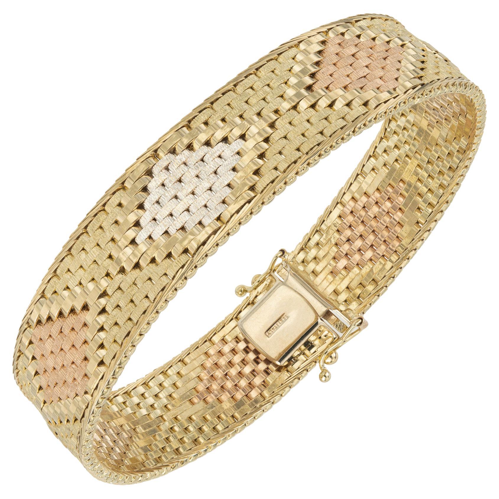 Tri Color Italian Gold Woven Flat Bracelet