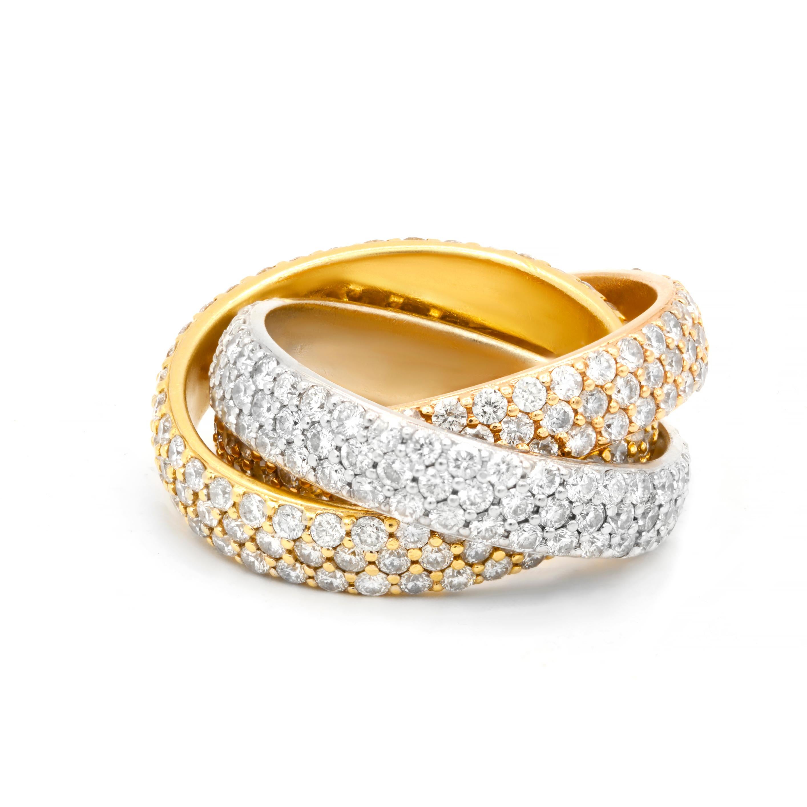 Tri-color metal fashion pave rings (18k y,w,and r gold) featuring 5.75 cts of round diamonds 
