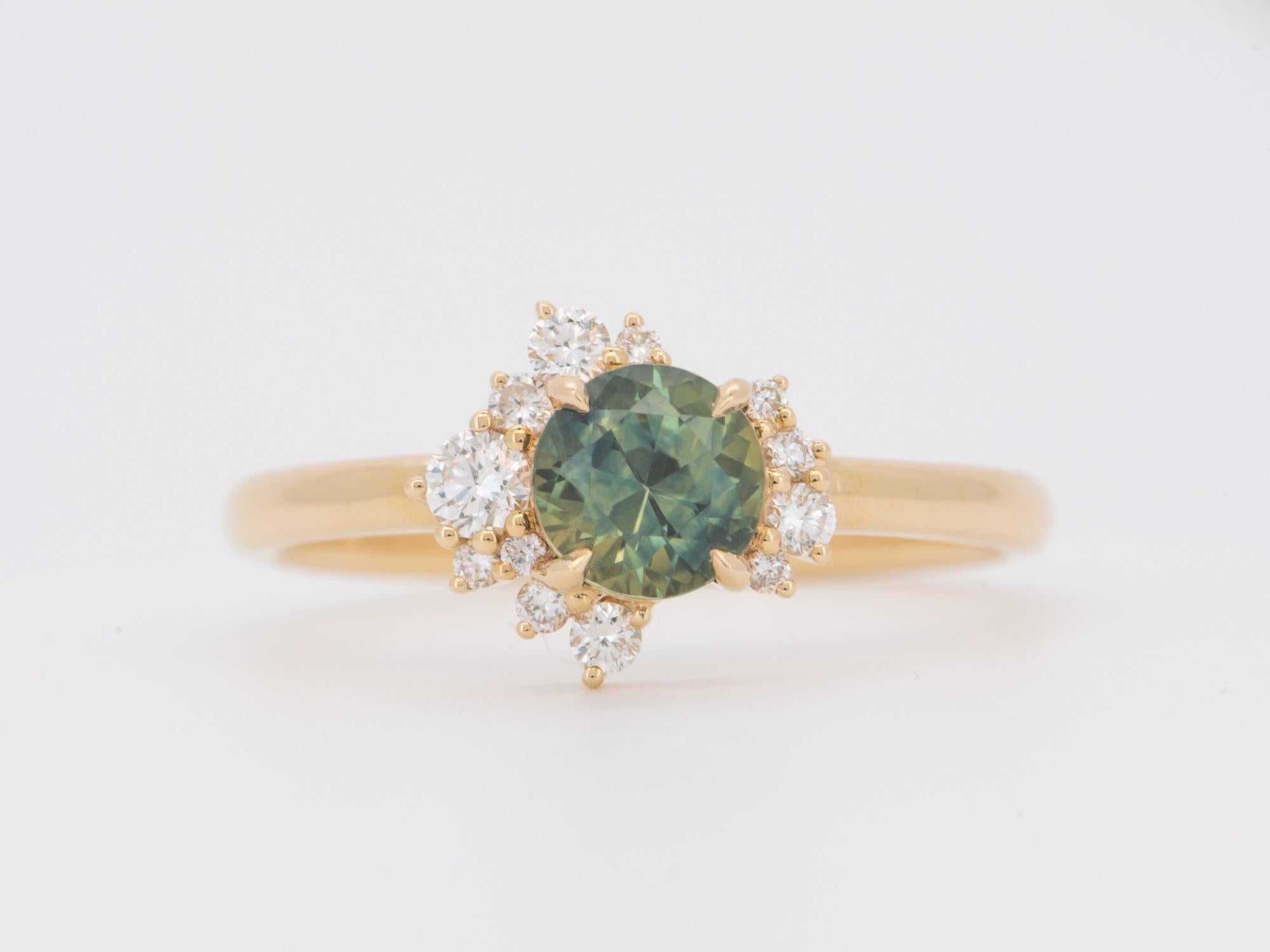 ♥ Tri-Color Montana Sapphire with Diamond Cluster Engagement Ring 14K Gold 6756
♥ The item measures 9.1mm in length (North South direction), 10.2mm in width (East West direction), and stands 4.3mm from the finger

♥ US Size 7 (Free resizing up or