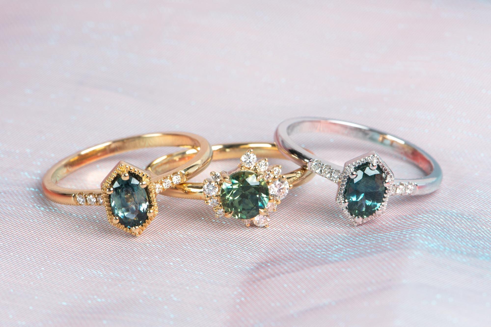 Tri-Color Montana Sapphire with Diamond Cluster Engagement Ring 14K Gold R6756 For Sale 1