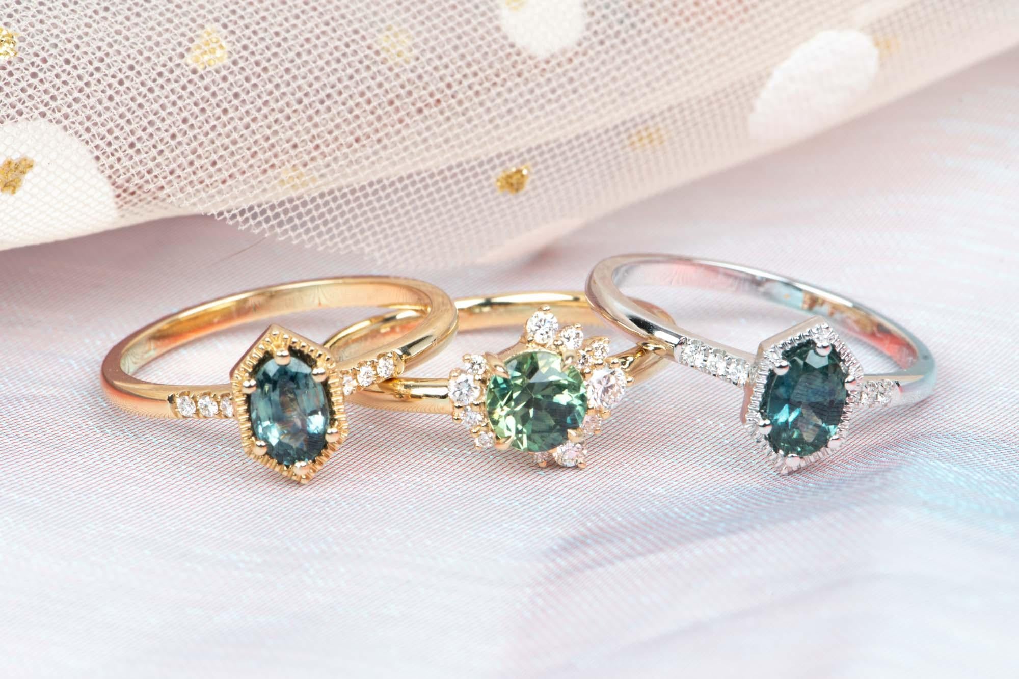 Tri-Color Montana Sapphire with Diamond Cluster Engagement Ring 14K Gold R6756 For Sale 2