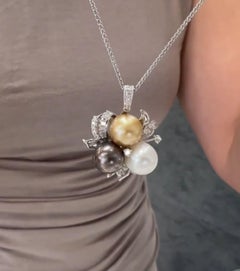 Tri Color Pearl and Diamond Pendant Necklace in 18K White Gold